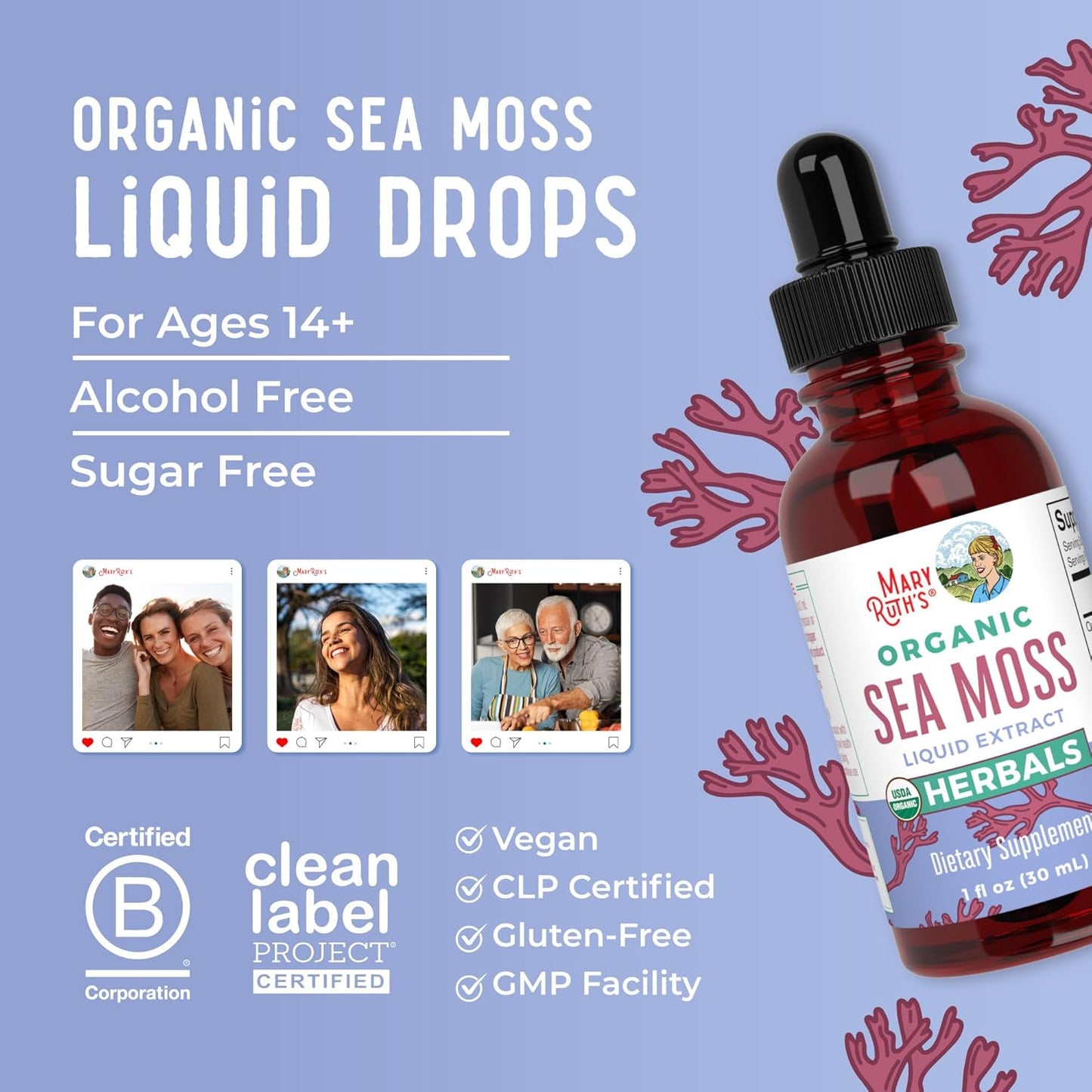USDA Irish Sea Moss Liquid Drops | Organic Irish Moss | Chondrus Crispus | Formulated for Adults & Kids Ages 14+ | Unflavored | Sugar Free | Vegan | Non-Gmo | 1 Fl Oz