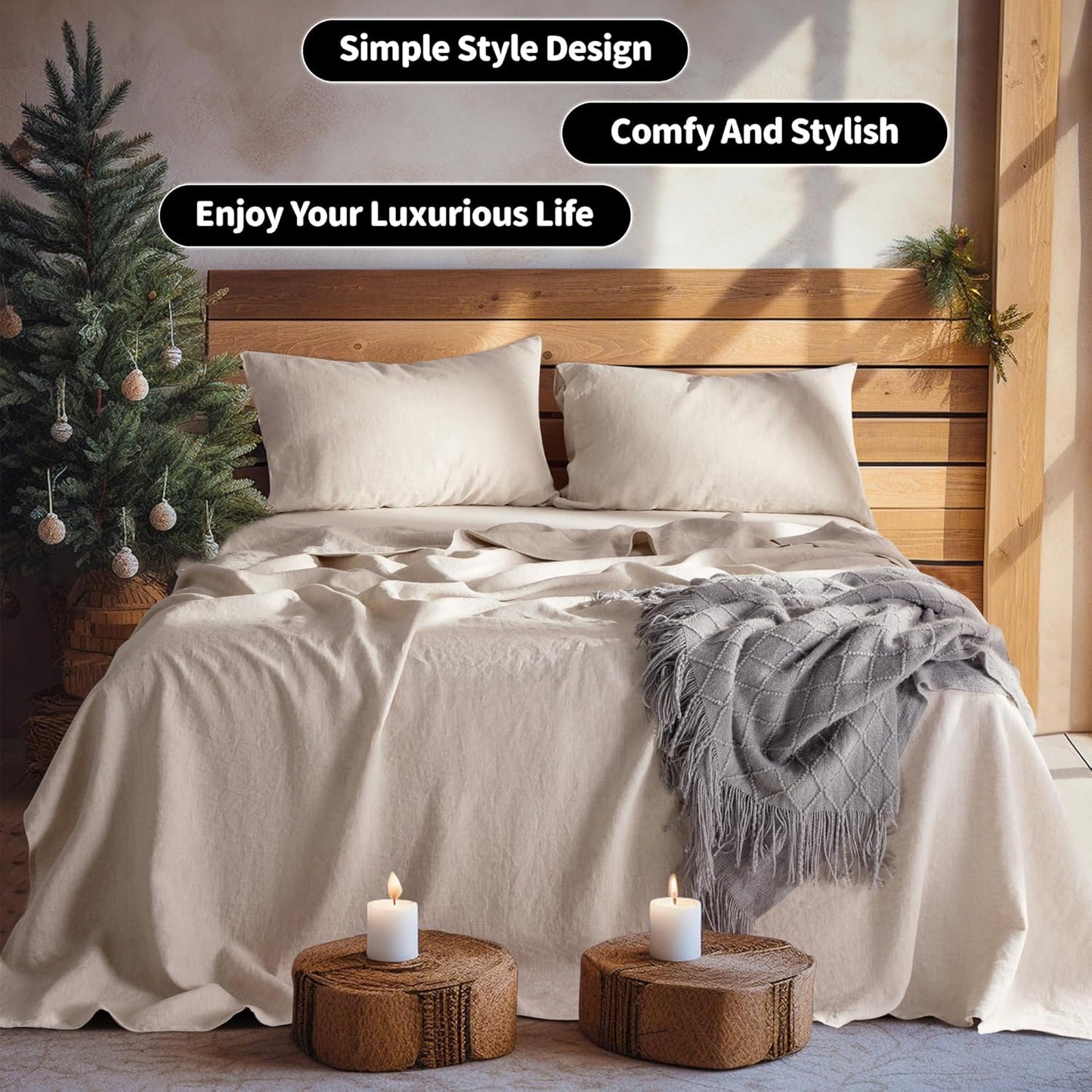 100% Linen Sheet Set Full Size, Bed Sheets 4 Piece Sets, Solid Color Natural Flax Bed Sheets Soft Breathable Bedding,16" Deep Pocket,All Season (Full, Linen)