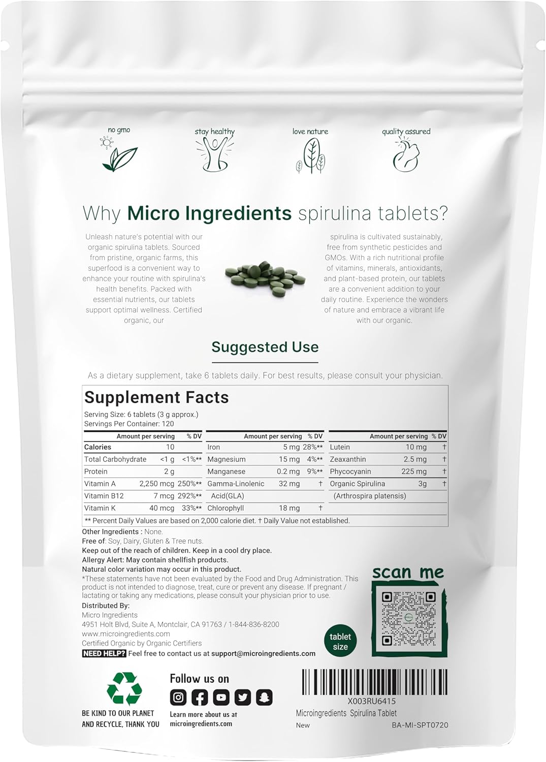 Organic Spirulina Supplement, 3000MG per Serving, 720 Tablets (4 Month Supply), No Filler & Non-Gmo, Rich in Vegan Protein, Vitamins & Prebiotics, Premium Spirulina Pills