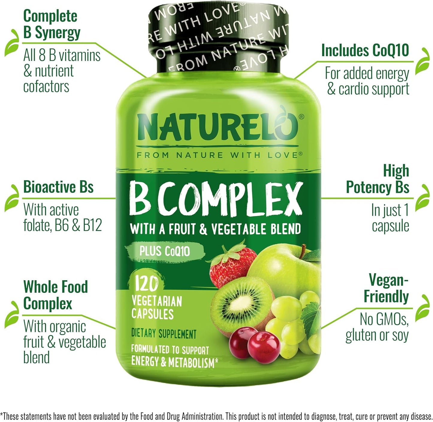 Vitamin B Complex with Methyl B12, Methyl Folate, Vitamin B6, Biotin plus Choline, Coq10, and Fruit & Vegetable Blend - Supports Energy & Healthy Stress Response - Vegan - 120 Capsules