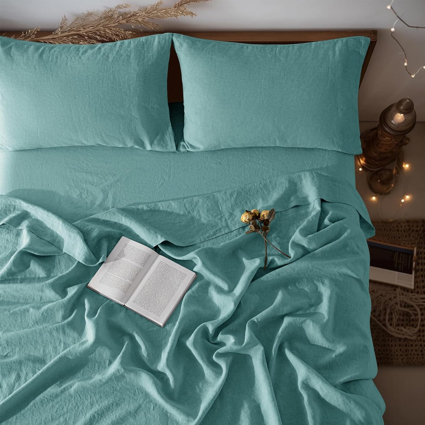 100% Linen Sheet Set Queen Size, Bed Sheets 4 Piece Sets, Solid Color Natural Flax Bed Sheets Soft Breathable Bedding,16" Deep Pocket,All Season (Queen, Linen)