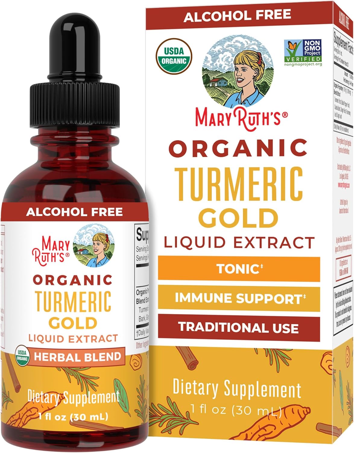 USDA Turmeric Gold Liquid Drops | Herbal Blend | Turmeric Curcumin | Black Pepper | Cassia Cinnamon Bark | Ginger Root | Immune Support | Non-Gmo Project Verified | Vegan | 1Oz
