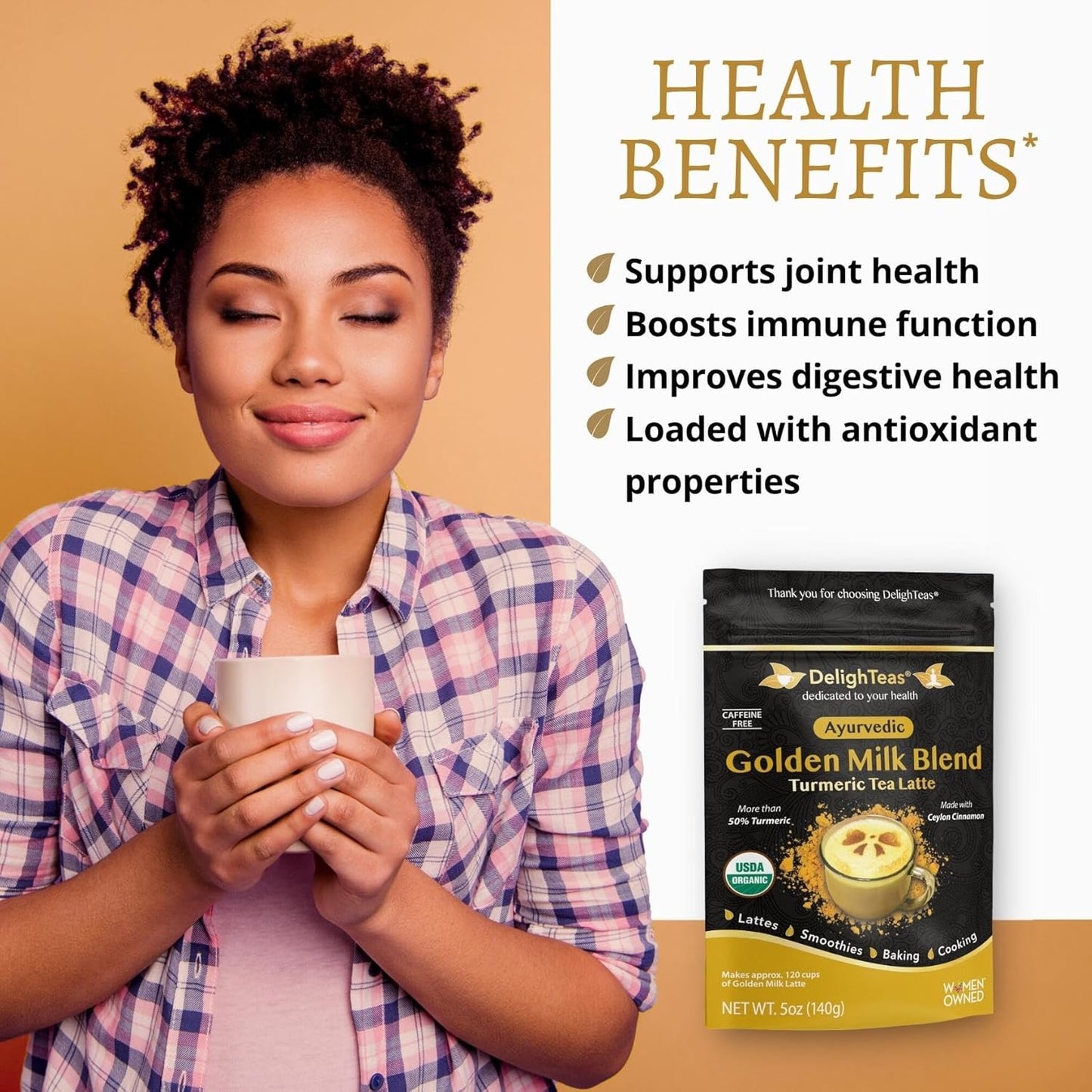Organic Golden Milk Powder with Turmeric, Ginger, Ceylon Cinnamon | Ayurvedic Spices for Golden Turmeric Latte | Unsweetened, Vegan, Non-Gmo, Keto | 120 Servings, 5 Oz.