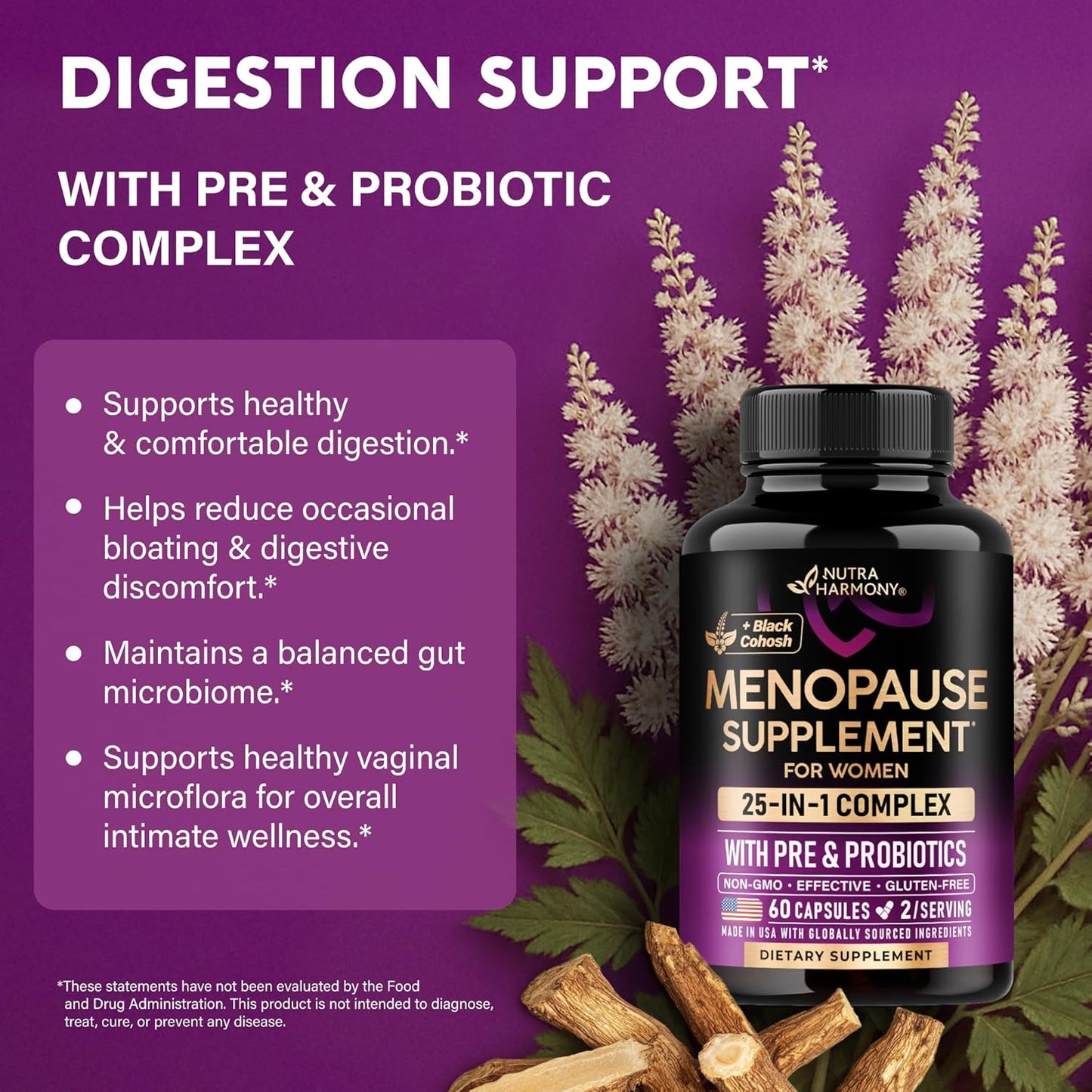 Menopause Supplements for Women - Dong Quai, Black Cohosh, Pre & Probiotics - Sweats & Hot Flashes Relief - Digestion, Sleep & Mood Support - 25-In-1 Perimenopause Complex - Made in USA - 60 Capsules