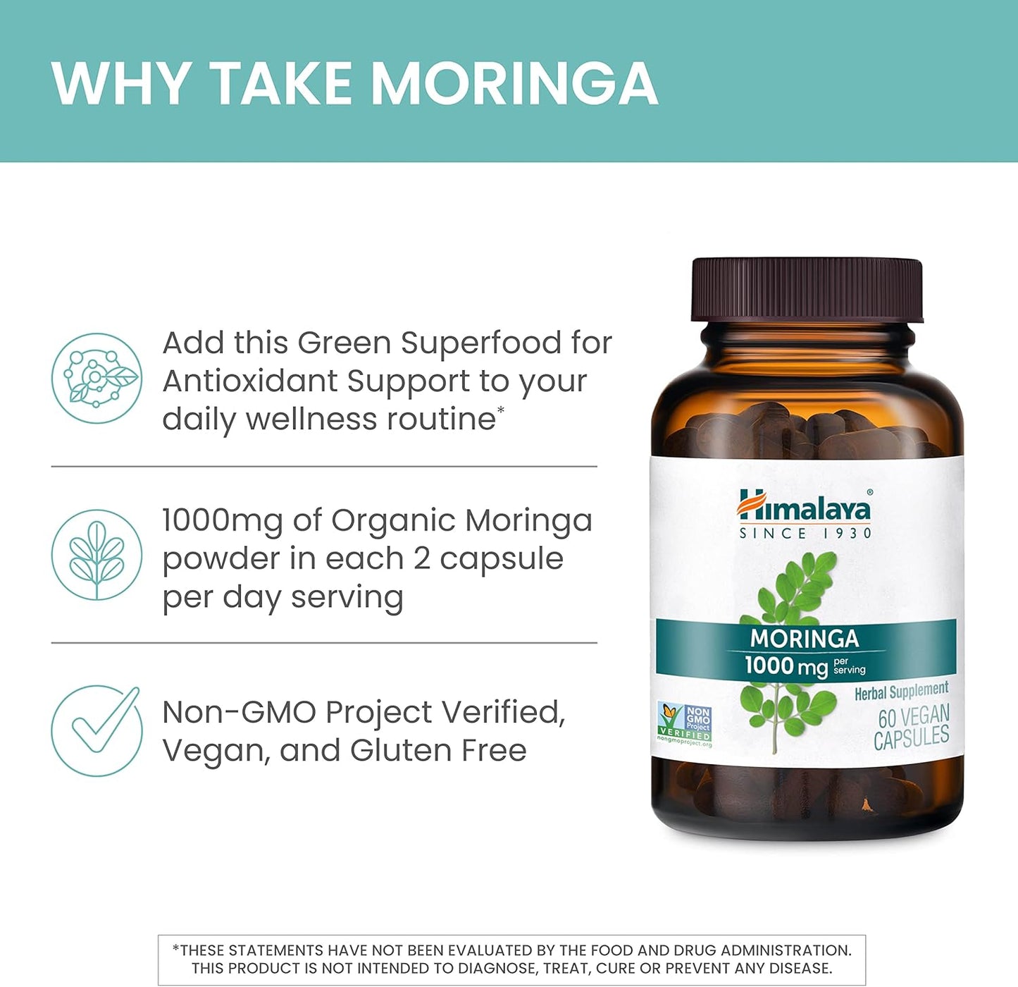 Moringa, 60 Capsules, Green Superfood for Antioxidant Support and Wellness, 1000 Mg, 1 Month Supply, Non-Gmo Project Verified, Vegan, Gluten Free Supplement, Additive Free