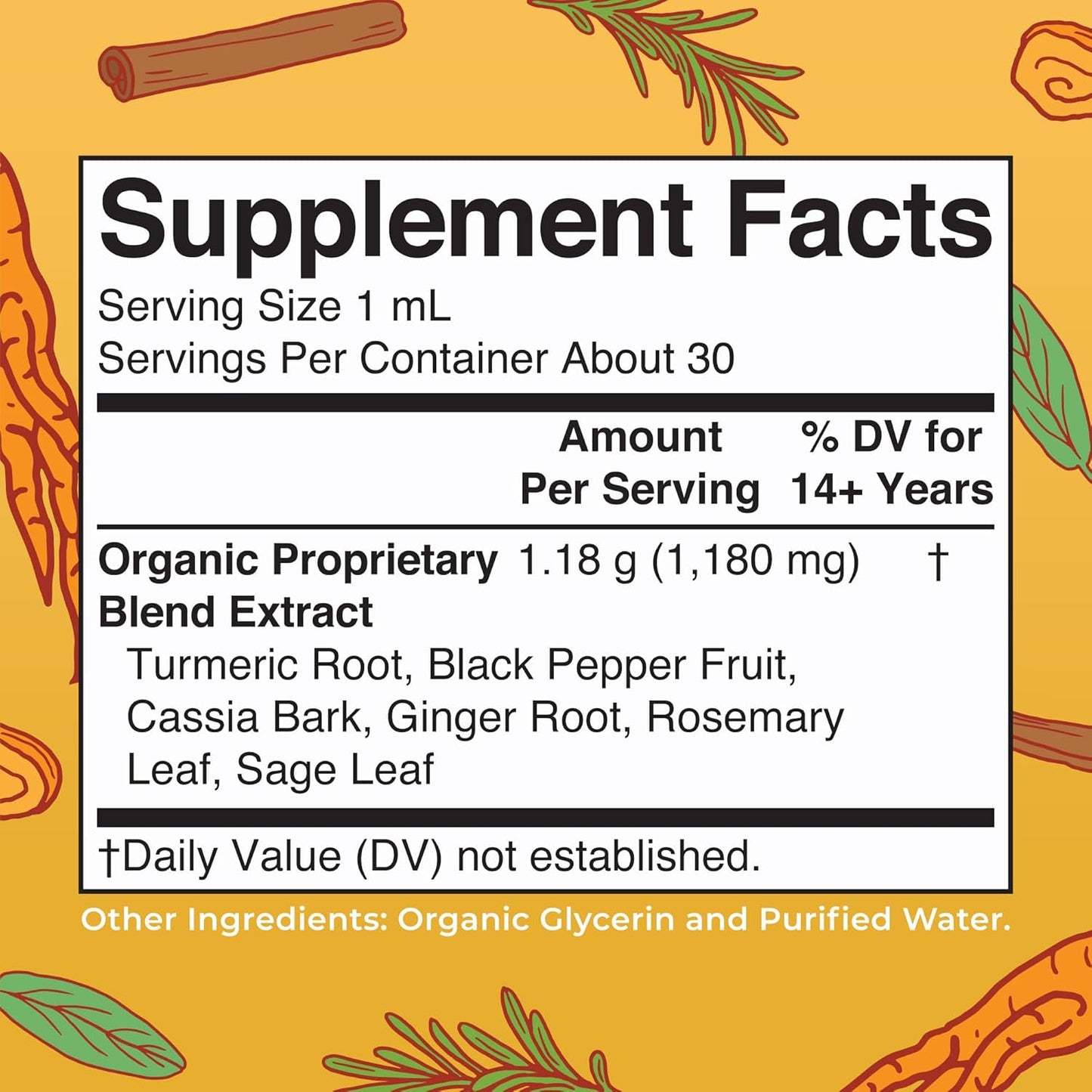 USDA Turmeric Gold Liquid Drops | Herbal Blend | Turmeric Curcumin | Black Pepper | Cassia Cinnamon Bark | Ginger Root | Immune Support | Non-Gmo Project Verified | Vegan | 1Oz