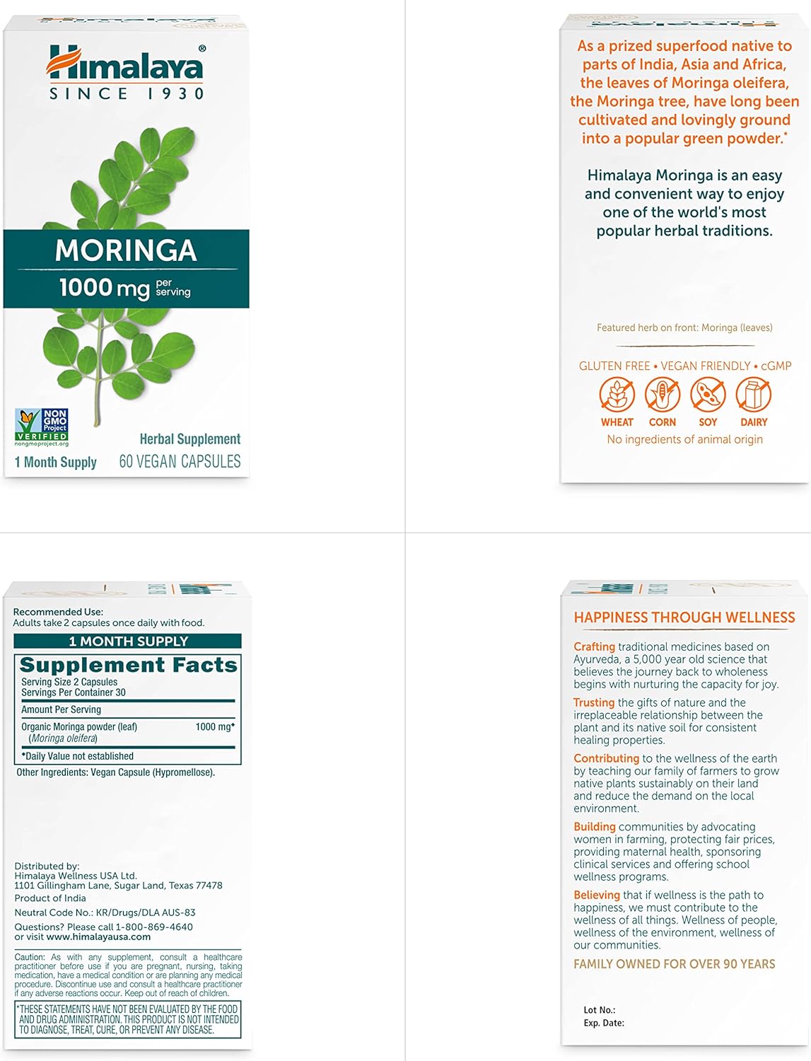 Moringa, 60 Capsules, Green Superfood for Antioxidant Support and Wellness, 1000 Mg, 1 Month Supply, Non-Gmo Project Verified, Vegan, Gluten Free Supplement, Additive Free