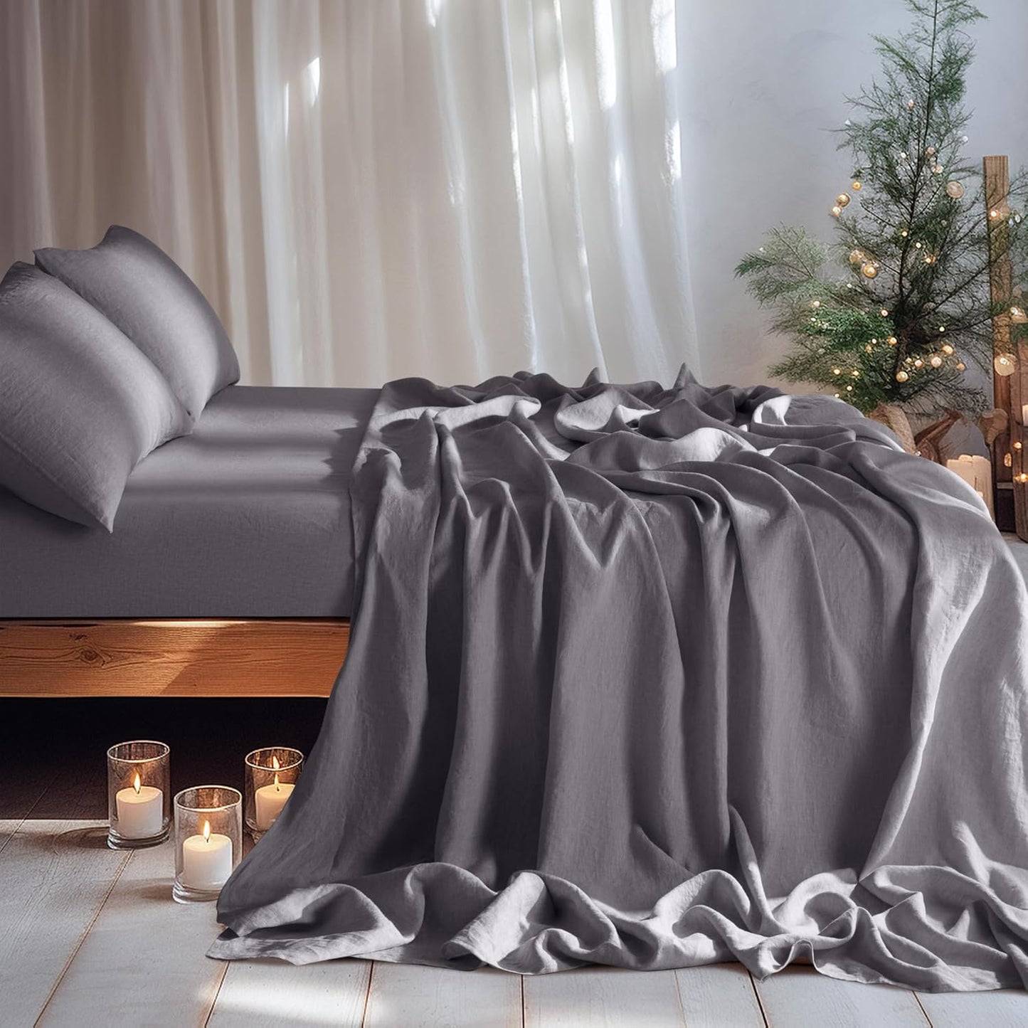 100% Linen Sheet Set 19" Deep Pocket Queen Size,Bed Sheets 4 Piece Sets,Solid Color Natural Flax Bed Sheets Soft Breathable Bedding, All Season (Queen, Dark Grey)