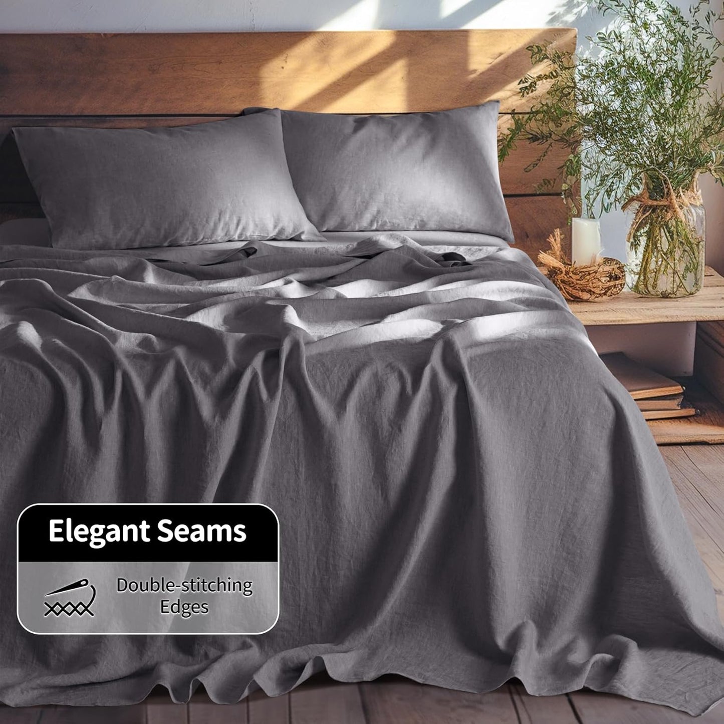 100% Linen Sheet Set 19" Deep Pocket Queen Size,Bed Sheets 4 Piece Sets,Solid Color Natural Flax Bed Sheets Soft Breathable Bedding, All Season (Queen, Dark Grey)