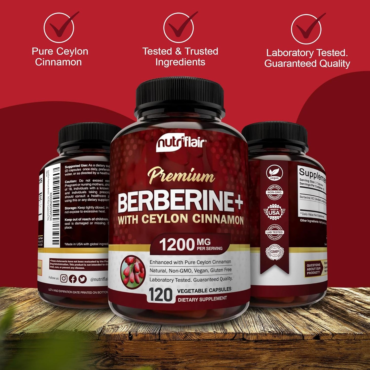 Premium Berberine HCL 1200Mg, 120 Capsules - plus Pure True Ceylon Cinnamon, Berberine HCI Root Supplements Pills - Immune System - Yields an Optimal 8% Hcl