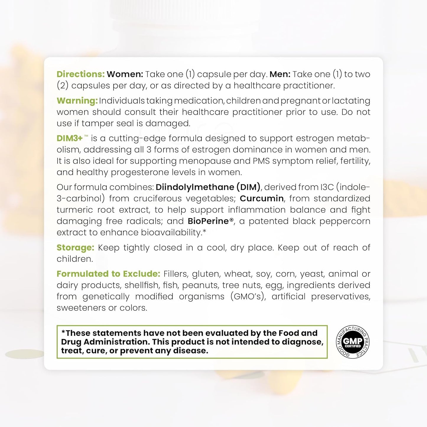 DIM 3+ | 60 Vegan Caps - 2 Month Supply | DIM, Curcumin & Bioperine, Supports Healthy Estrogen Metabolism in Men & Women, Antioxidant & Detoxification Support, Pharmaceutical Grade