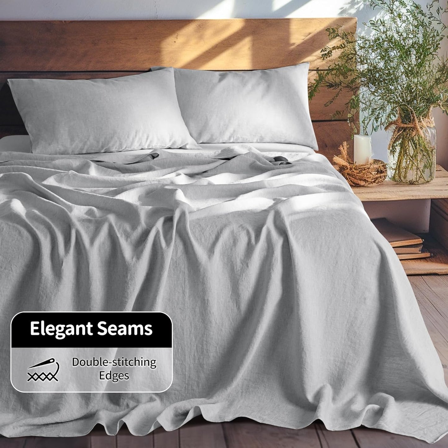 100% Linen Sheet Set 19" Deep Pocket Full Size,Bed Sheets 4 Piece Sets,Solid Color Natural Flax Bed Sheets Soft Breathable Bedding, All Season (Full, Grey)