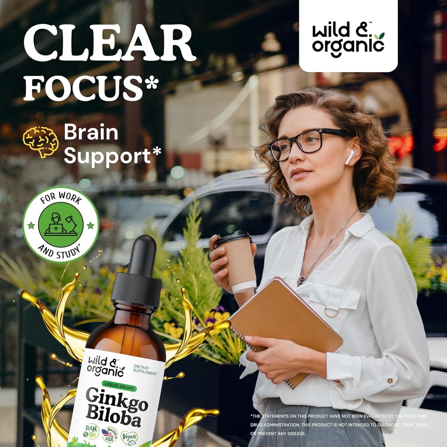 Ginkgo Biloba Tincture - Brain & Focus Support with Ginkgo Leaf Supplement - Vegan, Sugar & Alcohol-Free Herbal Extract Tincture - 2 Fl Oz