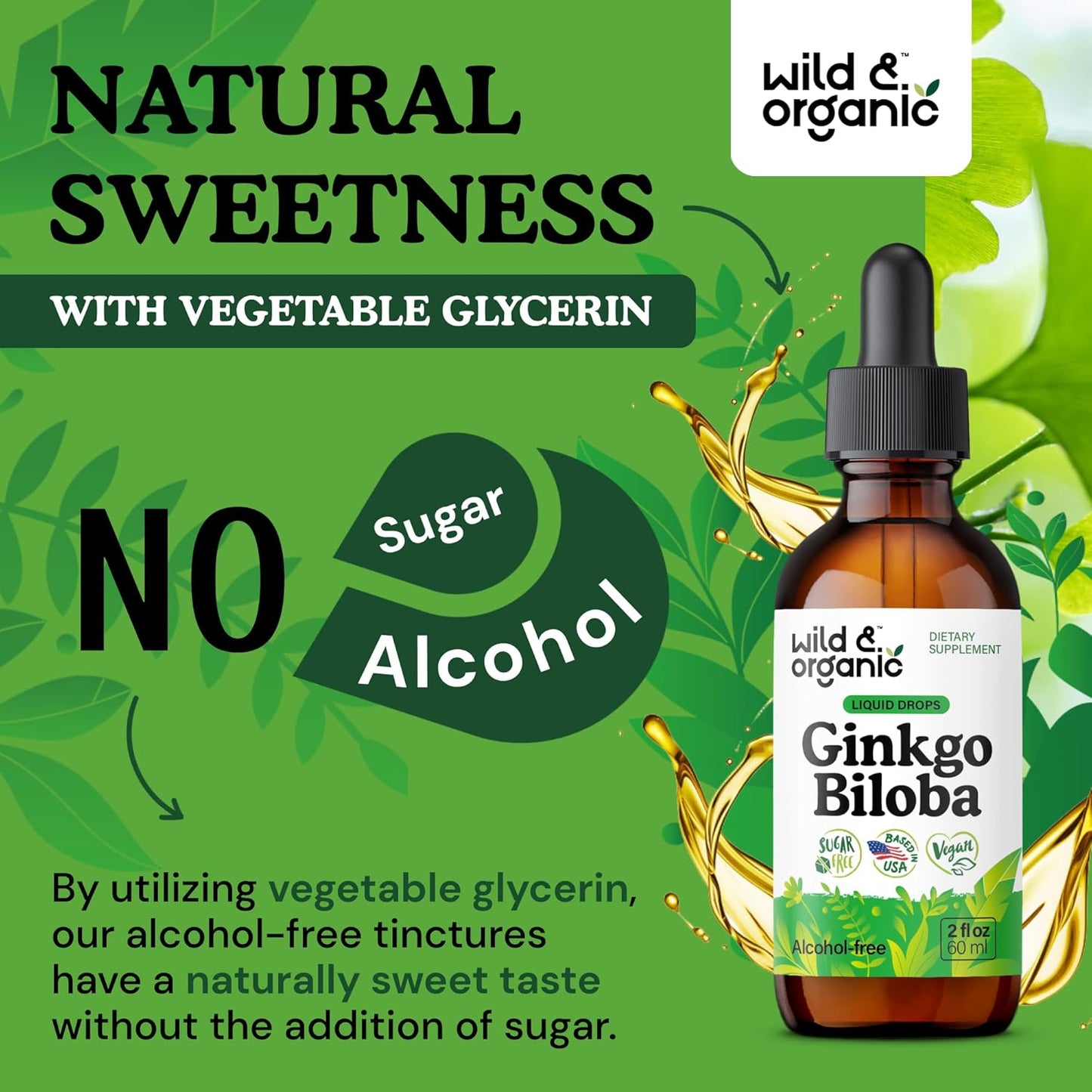 Ginkgo Biloba Tincture - Brain & Focus Support with Ginkgo Leaf Supplement - Vegan, Sugar & Alcohol-Free Herbal Extract Tincture - 2 Fl Oz