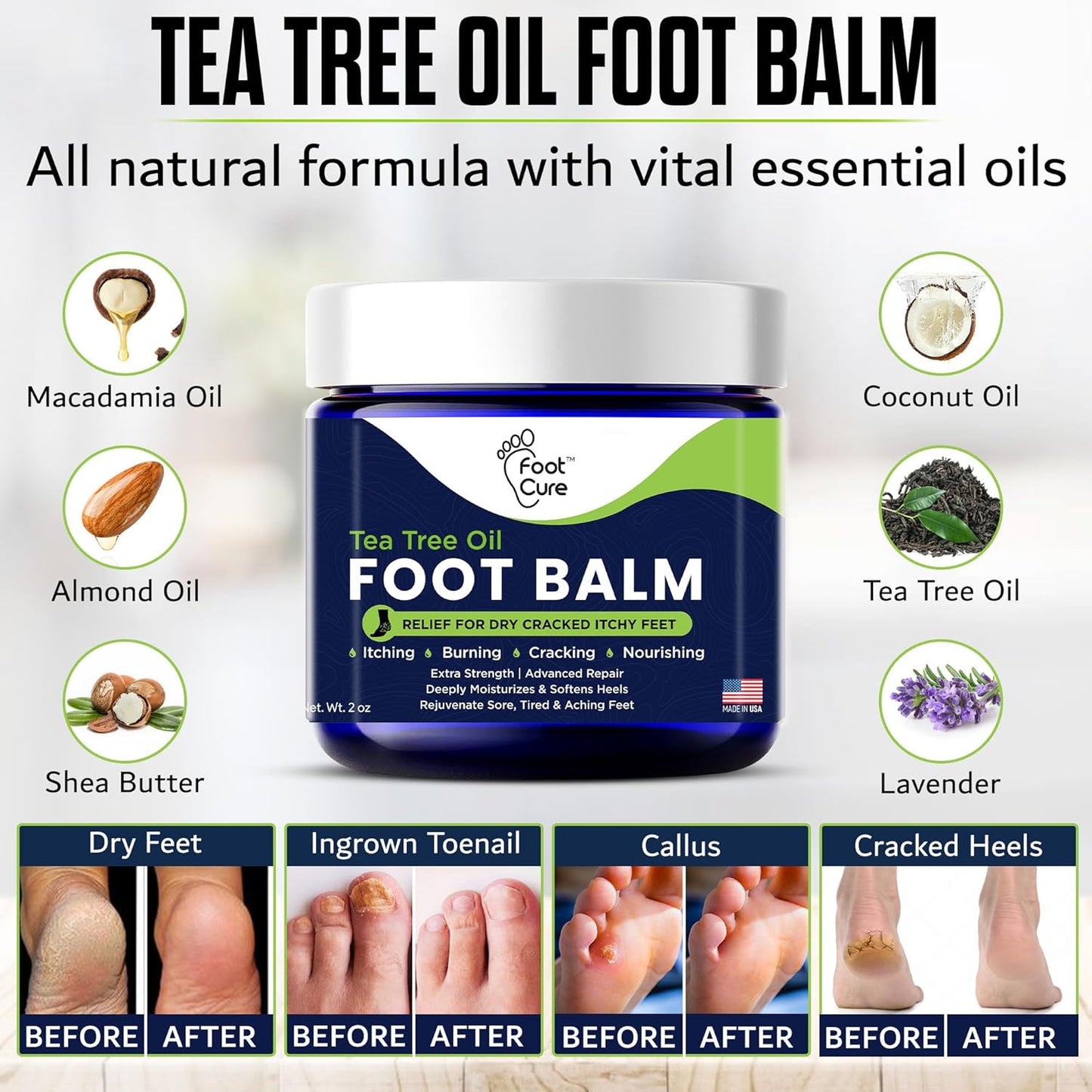 Tea Tree Oil Balm β Moisturizer for Dry Cracked Feet β Instantly Hydrates & Soothes Irritated Skin & Athlete'S Foot β Best Care for Women and Men β Made in USA