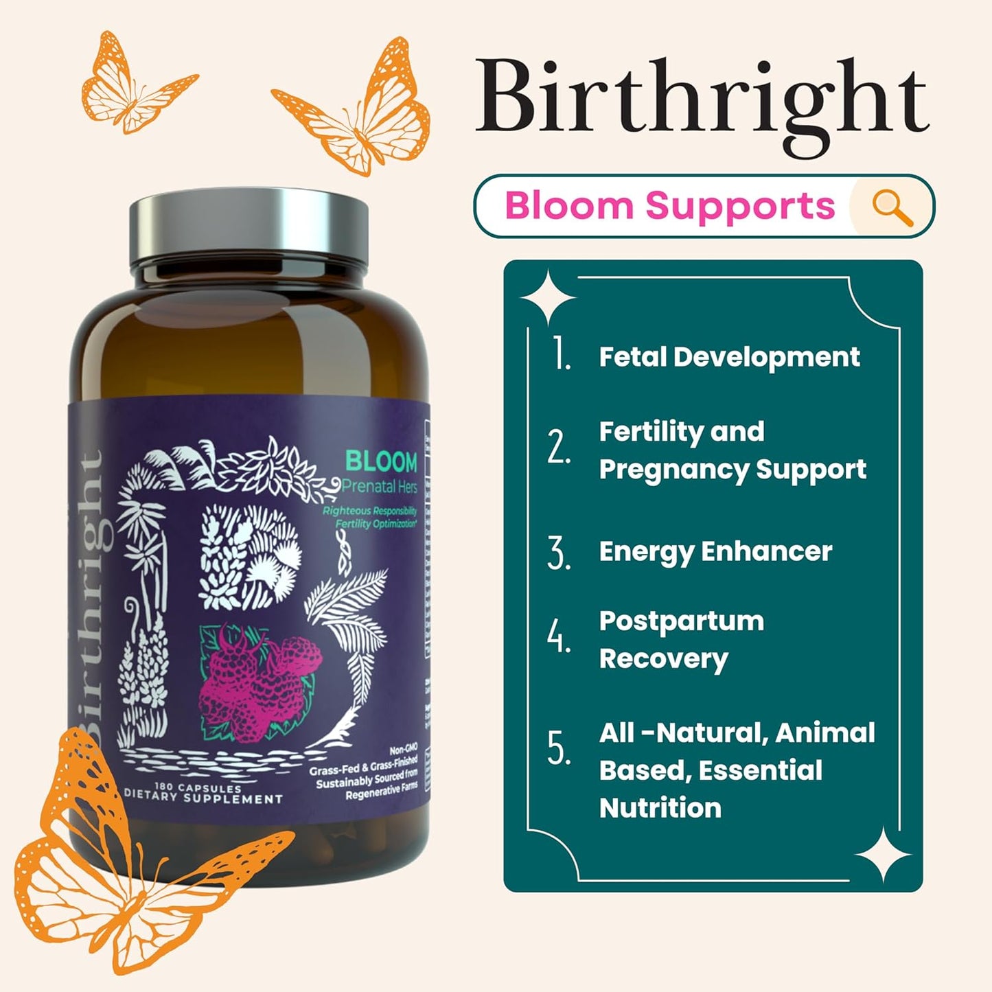 Complete Prenatal Supplement for Fetal Development… Folate, Choline + DHA, from Grass Fed Liver, Fish Eggs, Colostrum, Bone Marrow, with All Natural Herbal Blend Bloom