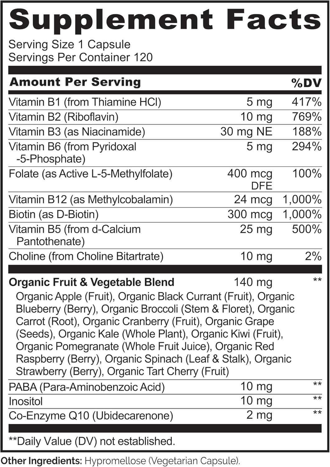 Vitamin B Complex with Methyl B12, Methyl Folate, Vitamin B6, Biotin plus Choline, Coq10, and Fruit & Vegetable Blend - Supports Energy & Healthy Stress Response - Vegan - 120 Capsules