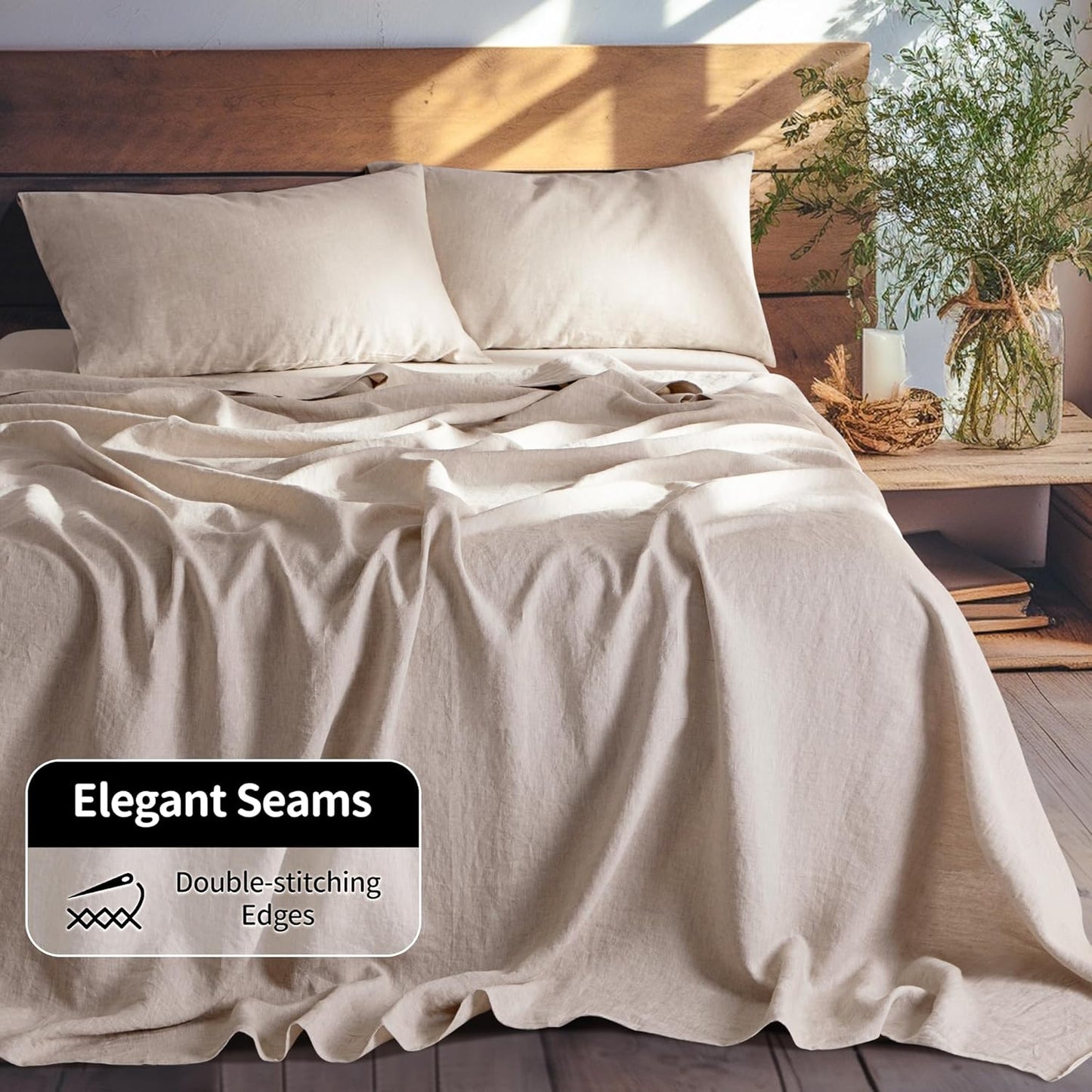100% Linen Sheet Set Full Size, Bed Sheets 4 Piece Sets, Solid Color Natural Flax Bed Sheets Soft Breathable Bedding,16" Deep Pocket,All Season (Full, Linen)