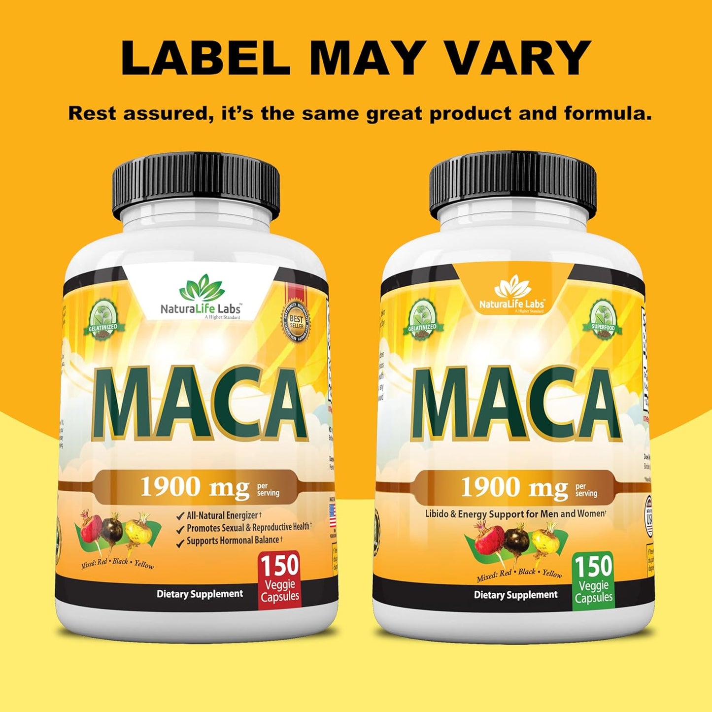 Organic Maca Root β Black, Red & Yellow β 1900 Mg per Serving β 150 Vegan Capsules β Gelatinized Peruvian Maca β Non-Gmo β Libido & Energy Support for Men and Women