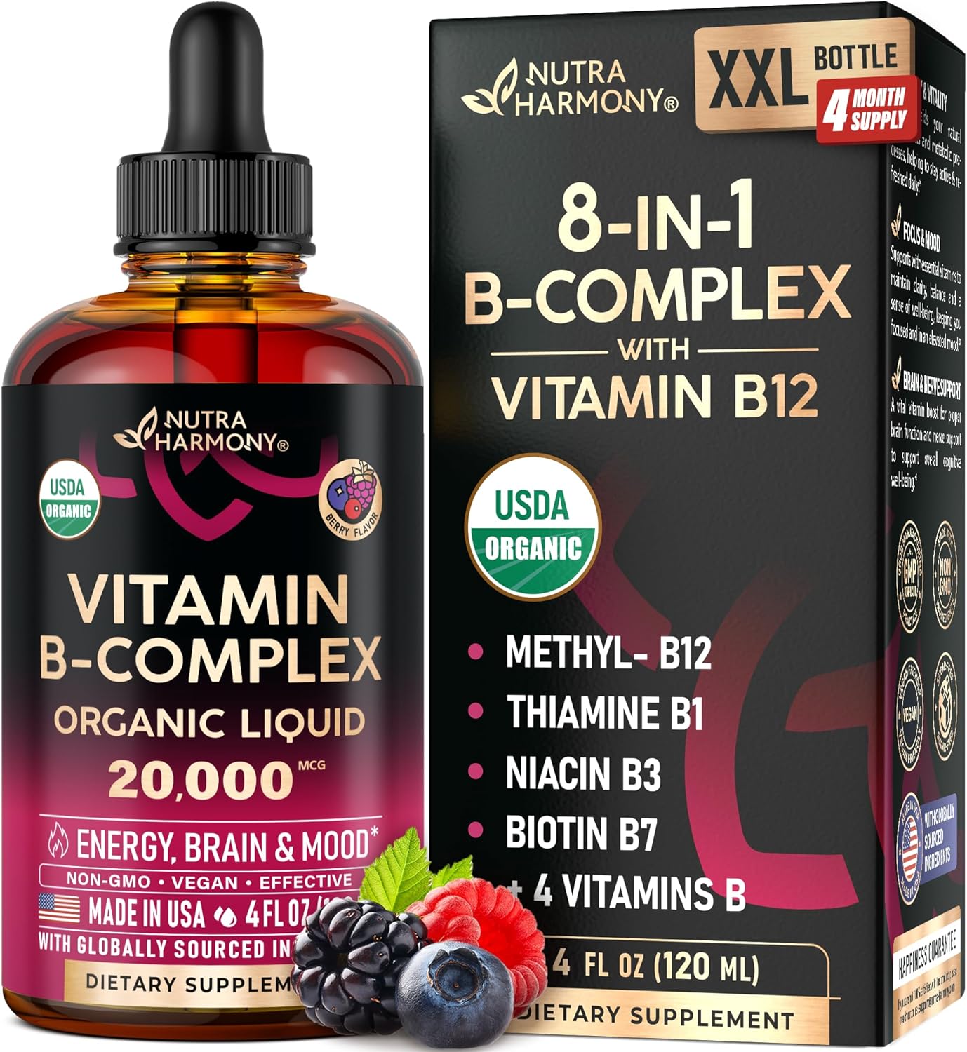 USDA Organic Vitamin B-Complex B5 Pantothenic Acid | B12 Methylcobalamin | B1 Thiamine | B6 Pyridoxine | B7 Biotin | B9 Folic | B3 Niacinamide - B Complex Liquid Drops, Made in USA Supplement, 2Fl Oz