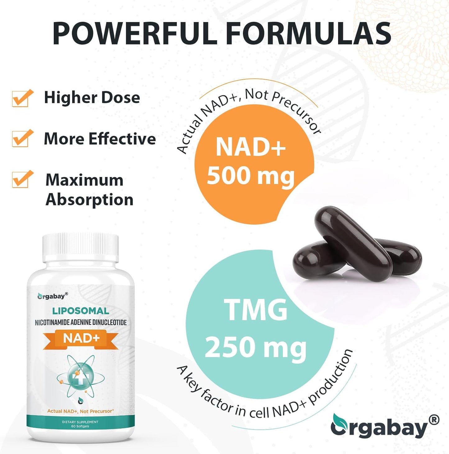 Liposomal NAD+ Supplement 500 Mg, High Absorption, Boost NAD+ with TMG 250 Mg, Actual NAD plus More Efficient than Nicotinamide Riboside, Support Cellular Energy, Healthy Aging | 60 Softgels