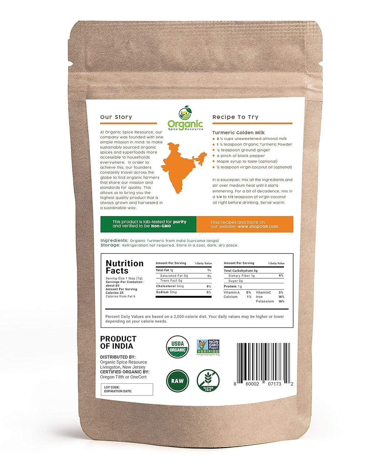 Organic Turmeric Powder W/Curcumin | 16Oz or 454G | USDA Organics and Non-Gmo | 100% Raw and Natural by OSR