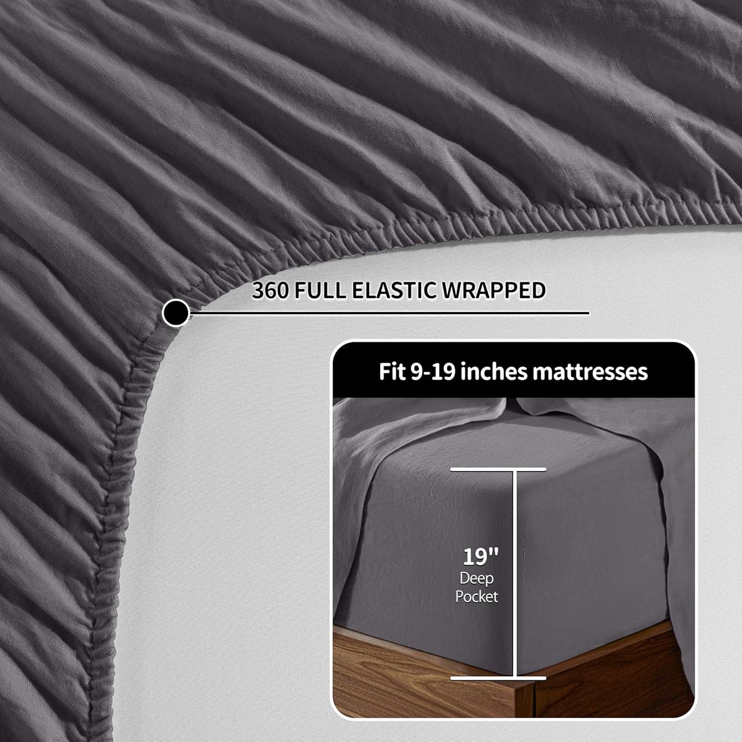 100% Linen Sheet Set 19" Deep Pocket Queen Size,Bed Sheets 4 Piece Sets,Solid Color Natural Flax Bed Sheets Soft Breathable Bedding, All Season (Queen, Dark Grey)