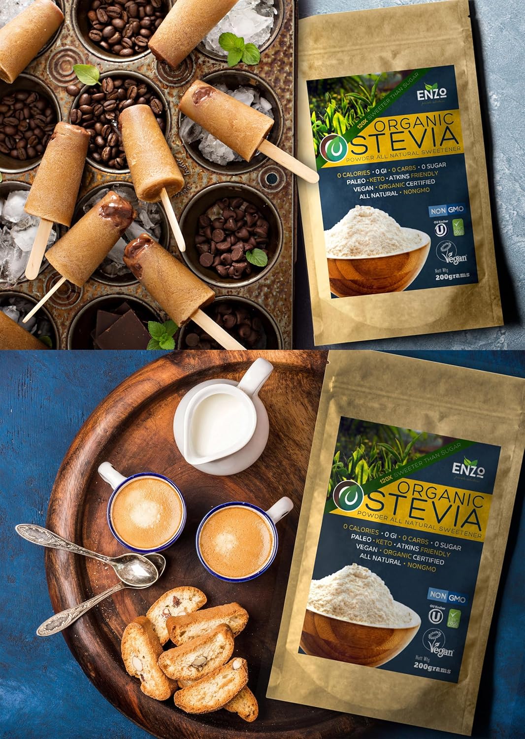 Enzo Easy Use Organic Stevia Powder 200G (7.05Oz / 1600 Servings) All Natural Alternative Sweetener 12 X Sweeter than Processed Sugar with No Artificial Additives & Fillers