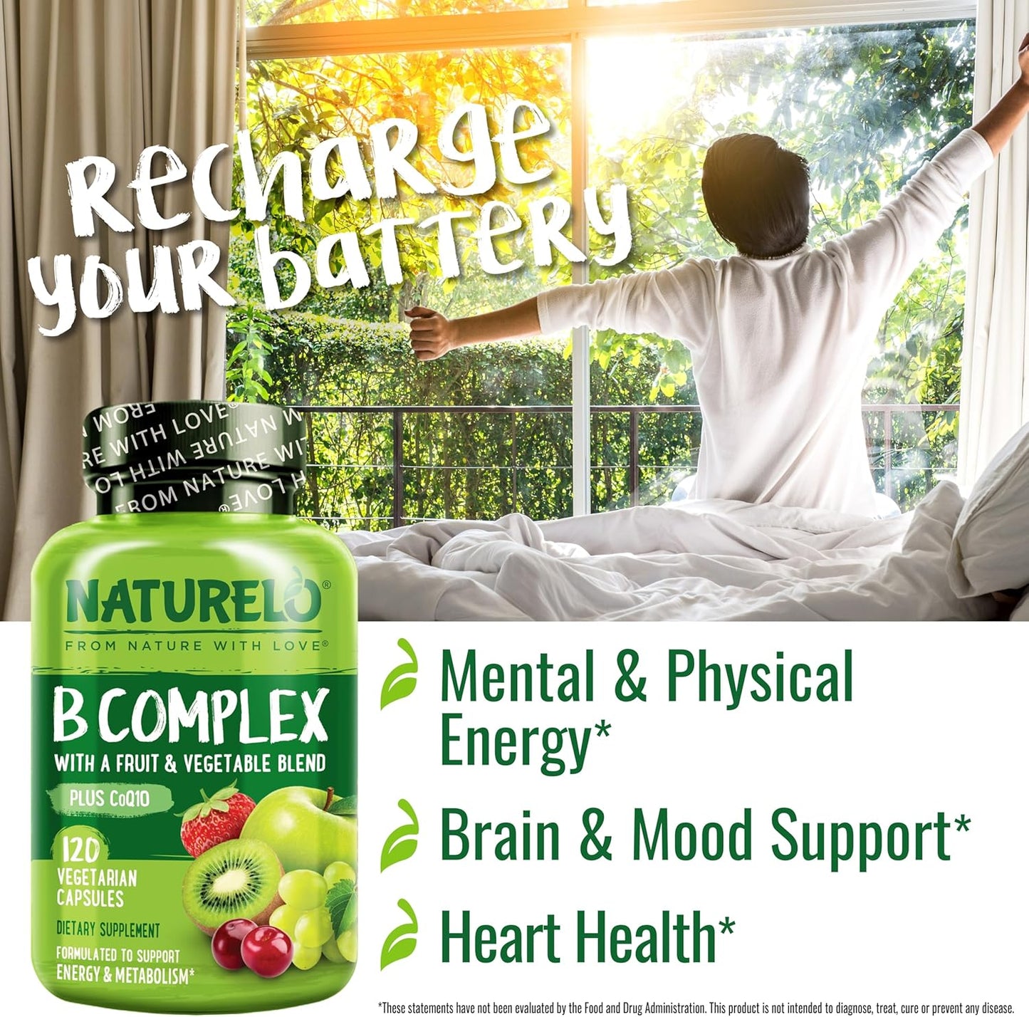 Vitamin B Complex with Methyl B12, Methyl Folate, Vitamin B6, Biotin plus Choline, Coq10, and Fruit & Vegetable Blend - Supports Energy & Healthy Stress Response - Vegan - 120 Capsules