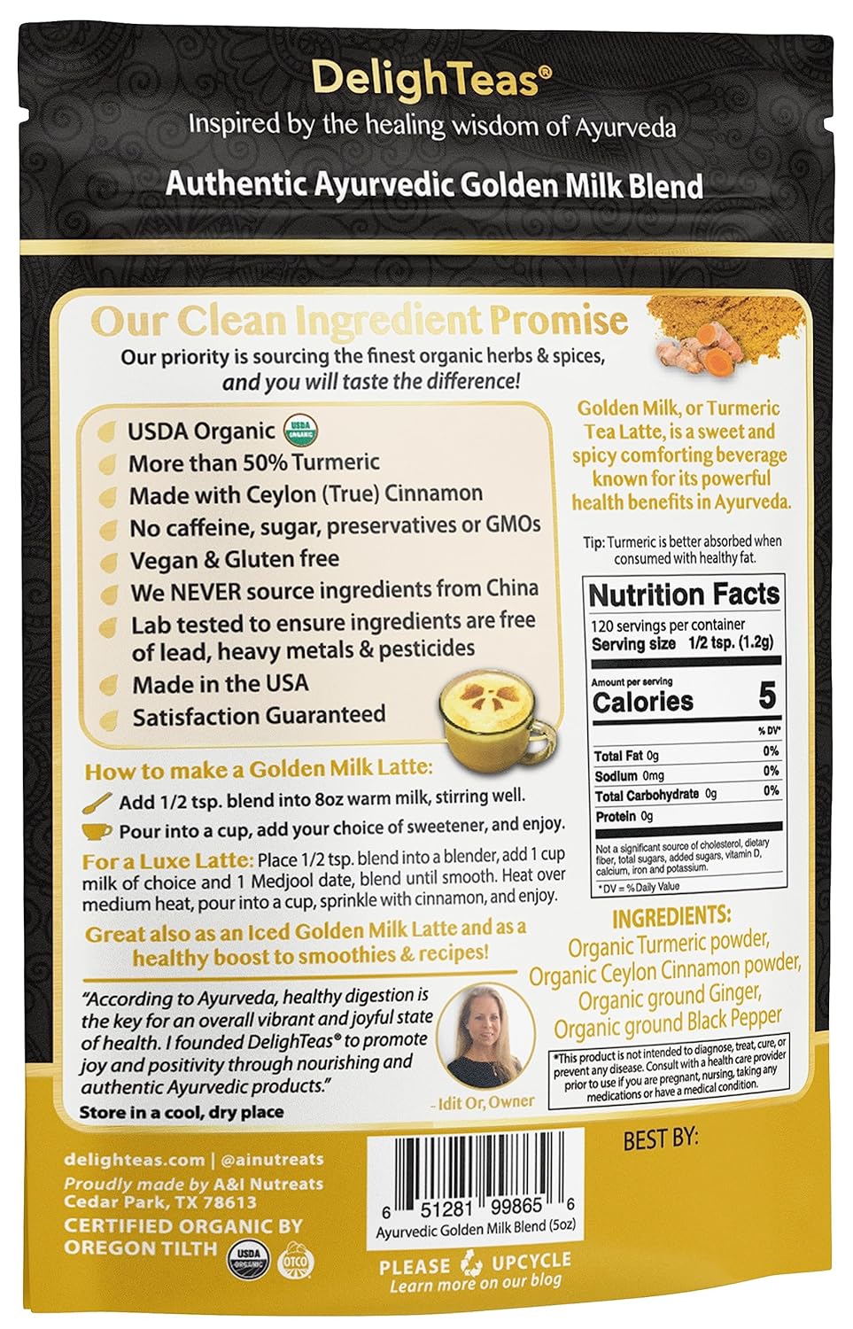 Organic Golden Milk Powder with Turmeric, Ginger, Ceylon Cinnamon | Ayurvedic Spices for Golden Turmeric Latte | Unsweetened, Vegan, Non-Gmo, Keto | 120 Servings, 5 Oz.
