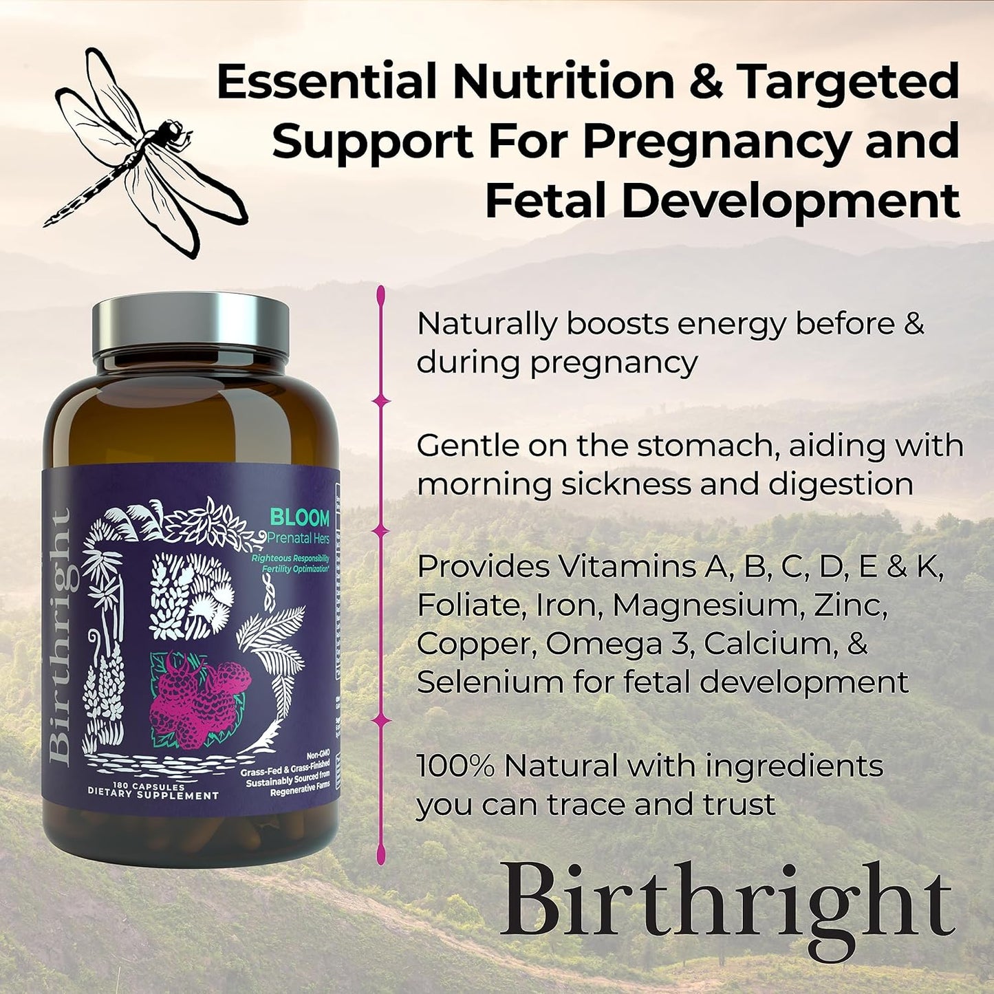Complete Prenatal Supplement for Fetal Development… Folate, Choline + DHA, from Grass Fed Liver, Fish Eggs, Colostrum, Bone Marrow, with All Natural Herbal Blend Bloom
