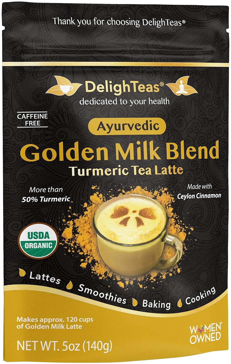 Organic Golden Milk Powder with Turmeric, Ginger, Ceylon Cinnamon | Ayurvedic Spices for Golden Turmeric Latte | Unsweetened, Vegan, Non-Gmo, Keto | 120 Servings, 5 Oz.