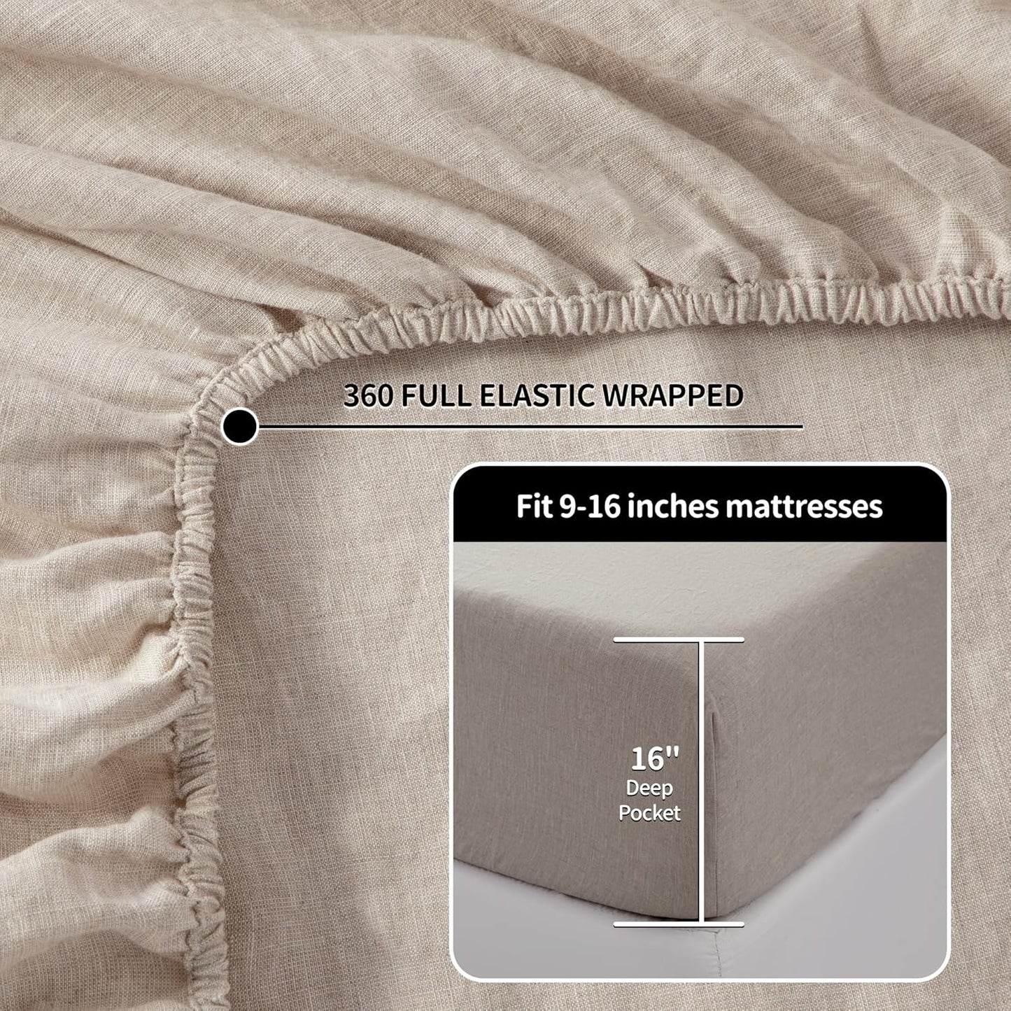 100% Linen Sheet Set Full Size, Bed Sheets 4 Piece Sets, Solid Color Natural Flax Bed Sheets Soft Breathable Bedding,16" Deep Pocket,All Season (Full, Linen)