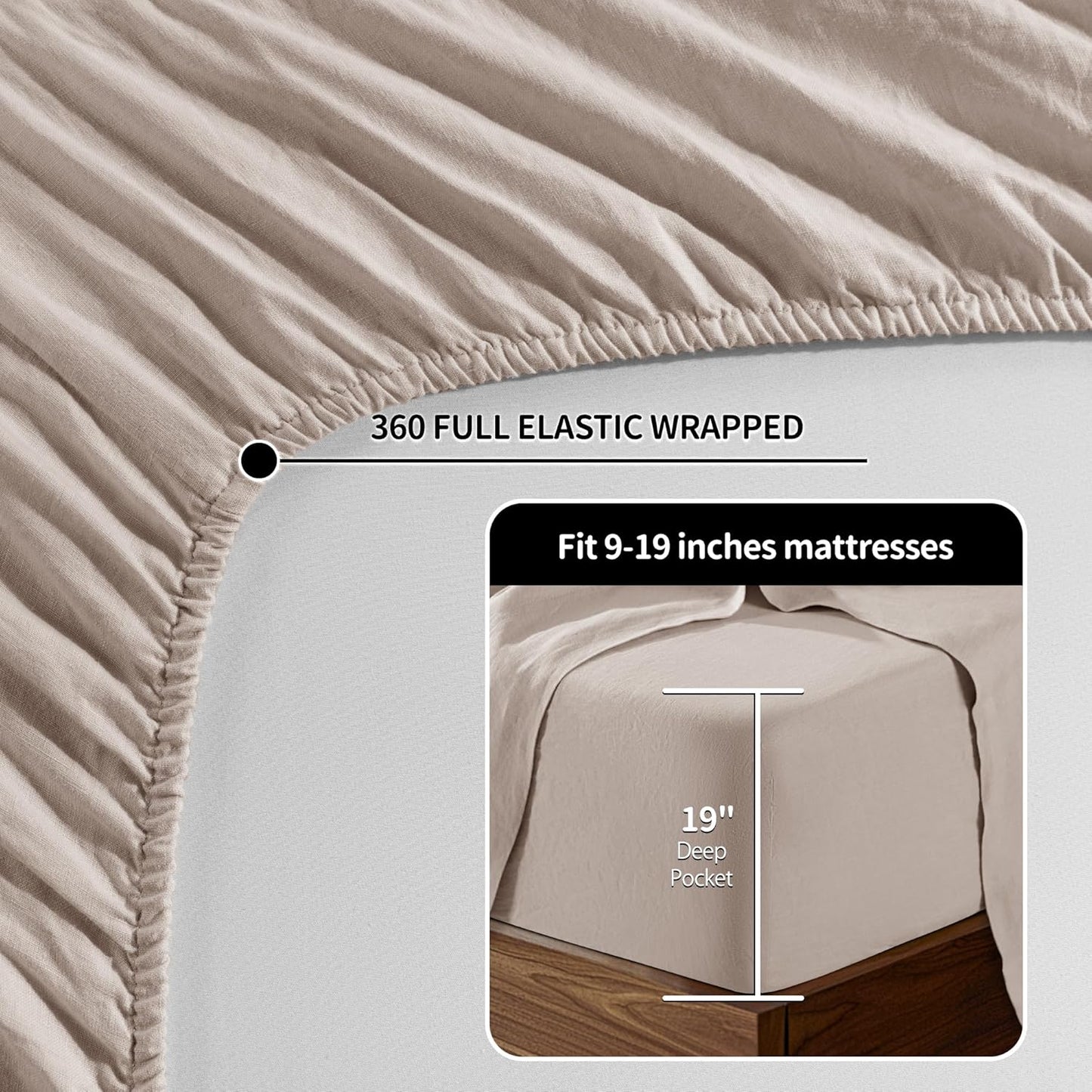 100% Linen Sheet Set 19" Deep Pocket King Size,Bed Sheets 4 Piece Sets,Solid Color Natural Flax Bed Sheets Soft Breathable Bedding, All Season (King, Linen)