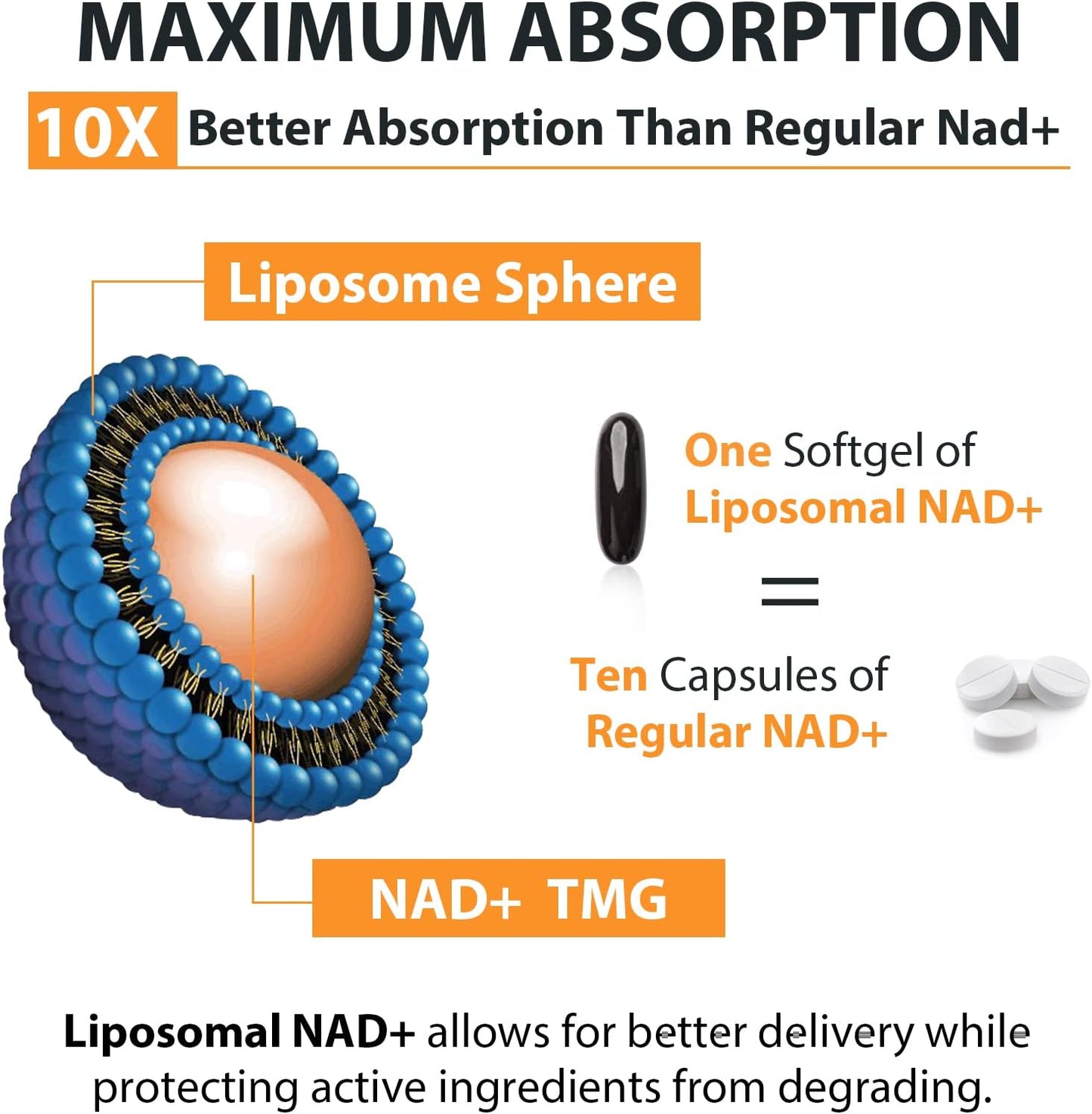 Liposomal NAD+ Supplement 500 Mg, High Absorption, Boost NAD+ with TMG 250 Mg, Actual NAD plus More Efficient than Nicotinamide Riboside, Support Cellular Energy, Healthy Aging | 60 Softgels
