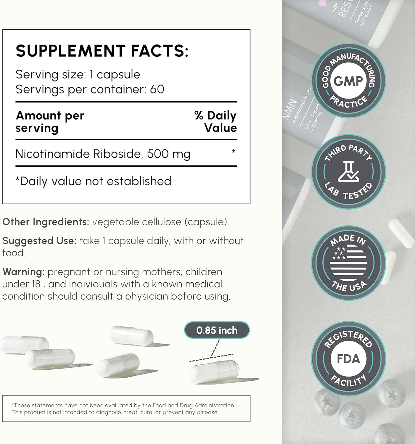 Nicotinamide Riboside (NR) 500Mg – NR Supplement for Cellular Health, Anti-Aging, Energy & Metabolism Support – 2-Month Supply (60 Capsules)