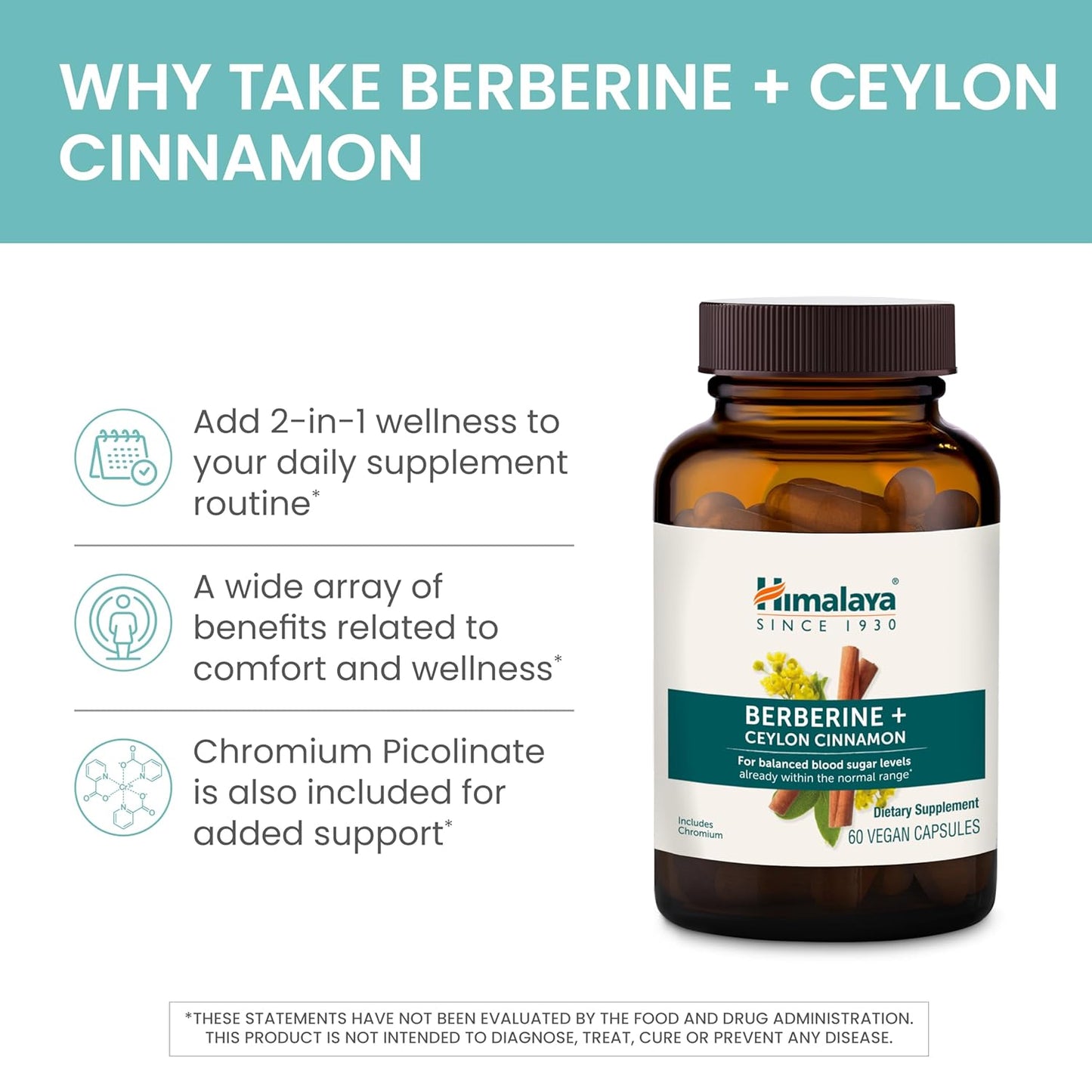 Berberine + Ceylon Cinnamon from Indian Barberry Root, Includes Chromium, for Gastrointestinal, and Daily Metabolism Support, Vegan, Gluten Free, Herbal Supplement, 60 Capsules