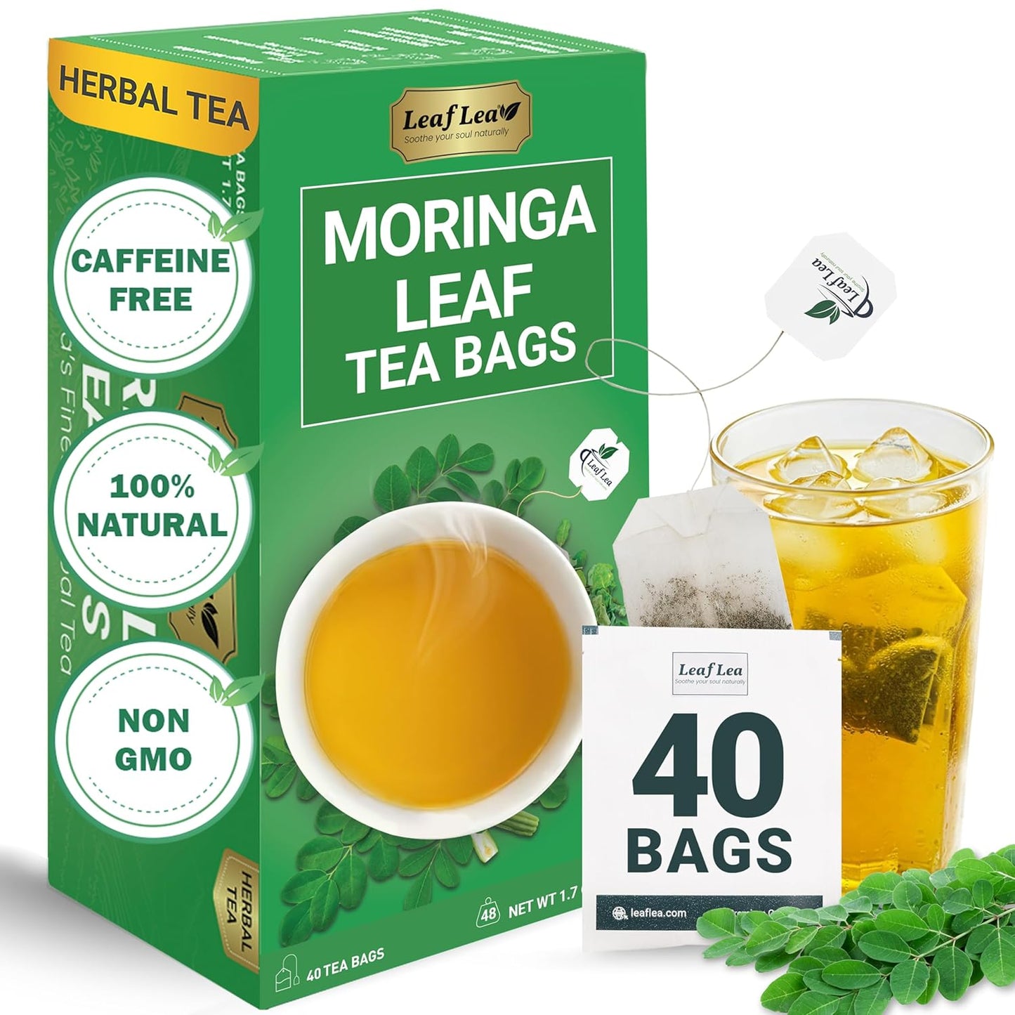 40 Moringa Tea Bags, 100% Natural and Pure Moringa Leaf Herbal Tea, Supports Digestion and Immune Health, Caffeine-Free, Sugar-Free, Vegan