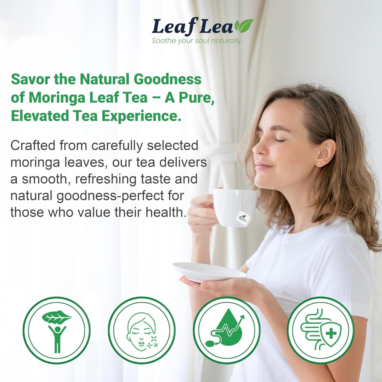 40 Moringa Tea Bags, 100% Natural and Pure Moringa Leaf Herbal Tea, Supports Digestion and Immune Health, Caffeine-Free, Sugar-Free, Vegan
