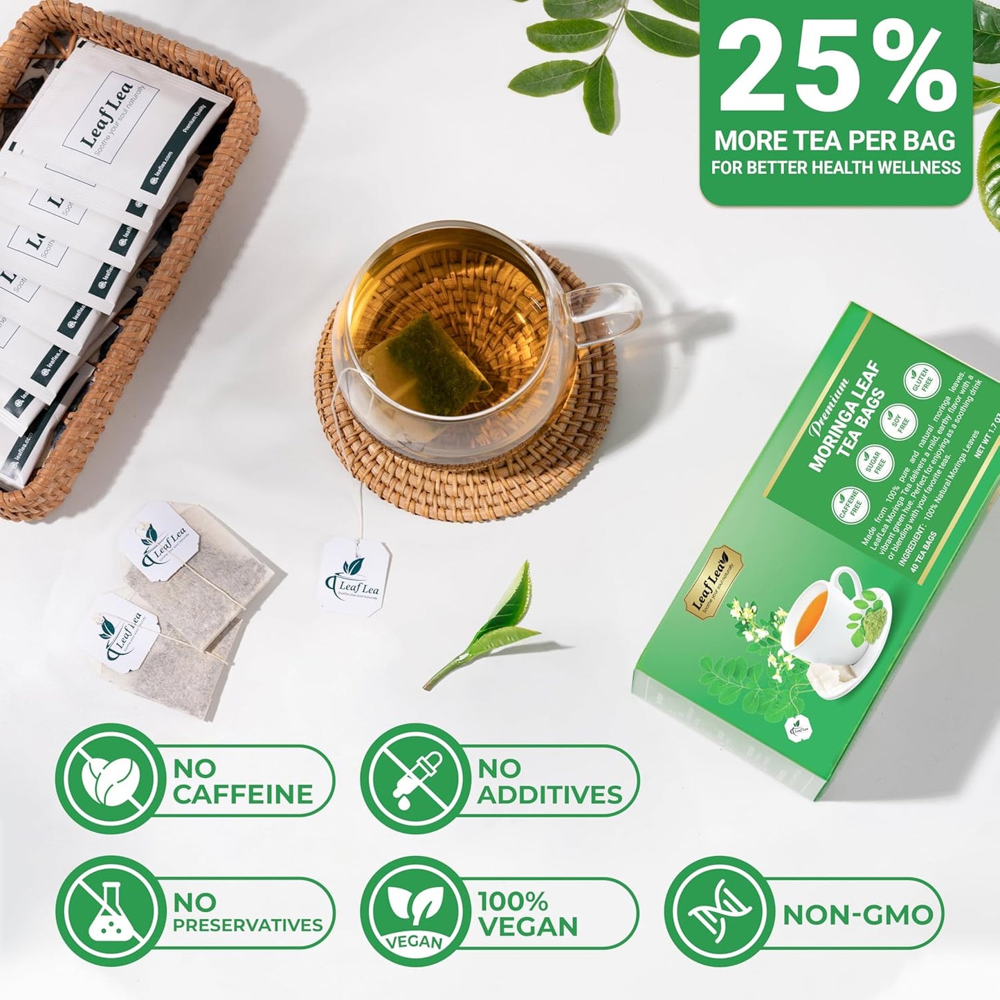 40 Moringa Tea Bags, 100% Natural and Pure Moringa Leaf Herbal Tea, Supports Digestion and Immune Health, Caffeine-Free, Sugar-Free, Vegan
