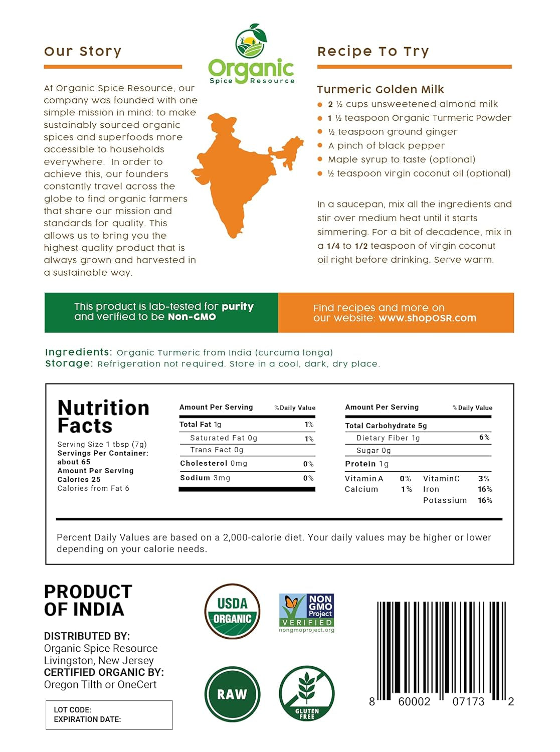 Organic Turmeric Powder W/Curcumin | 16Oz or 454G | USDA Organics and Non-Gmo | 100% Raw and Natural by OSR