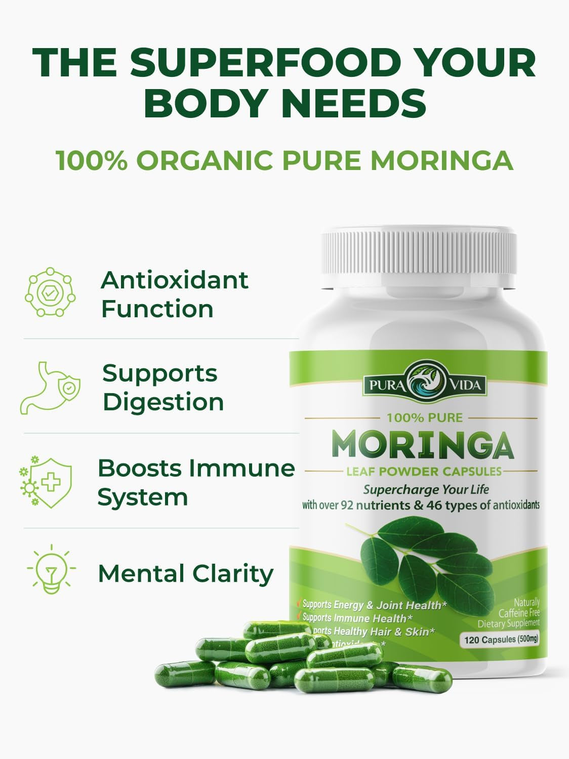 Capsules Single Origin Moringa Powder Organic. Moringa Leaf. Energy, Metabolism, & Immune Support. 120Ct. 500Mg Caps.