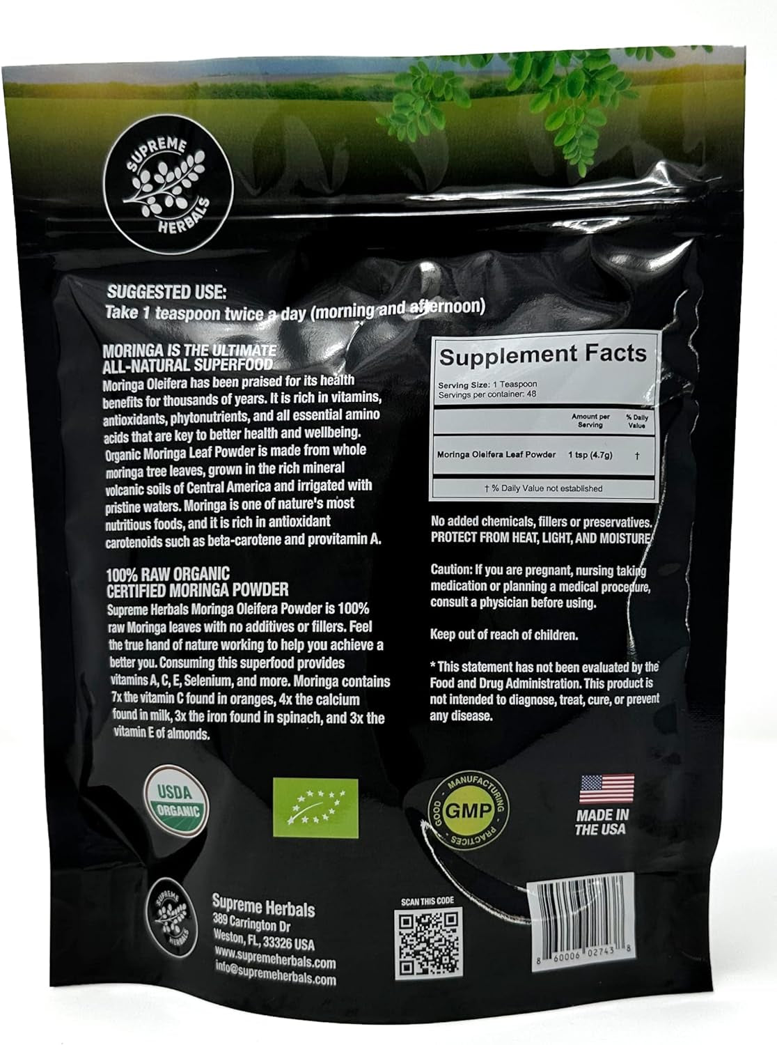 100% Raw and Pure Moringa Leaf Powder. Organic Certified Moringa Leaf. Natural Superfood with Essential Amino Acids, Antioxidants, and Omega 3, 8 Oz Resealable Bag.