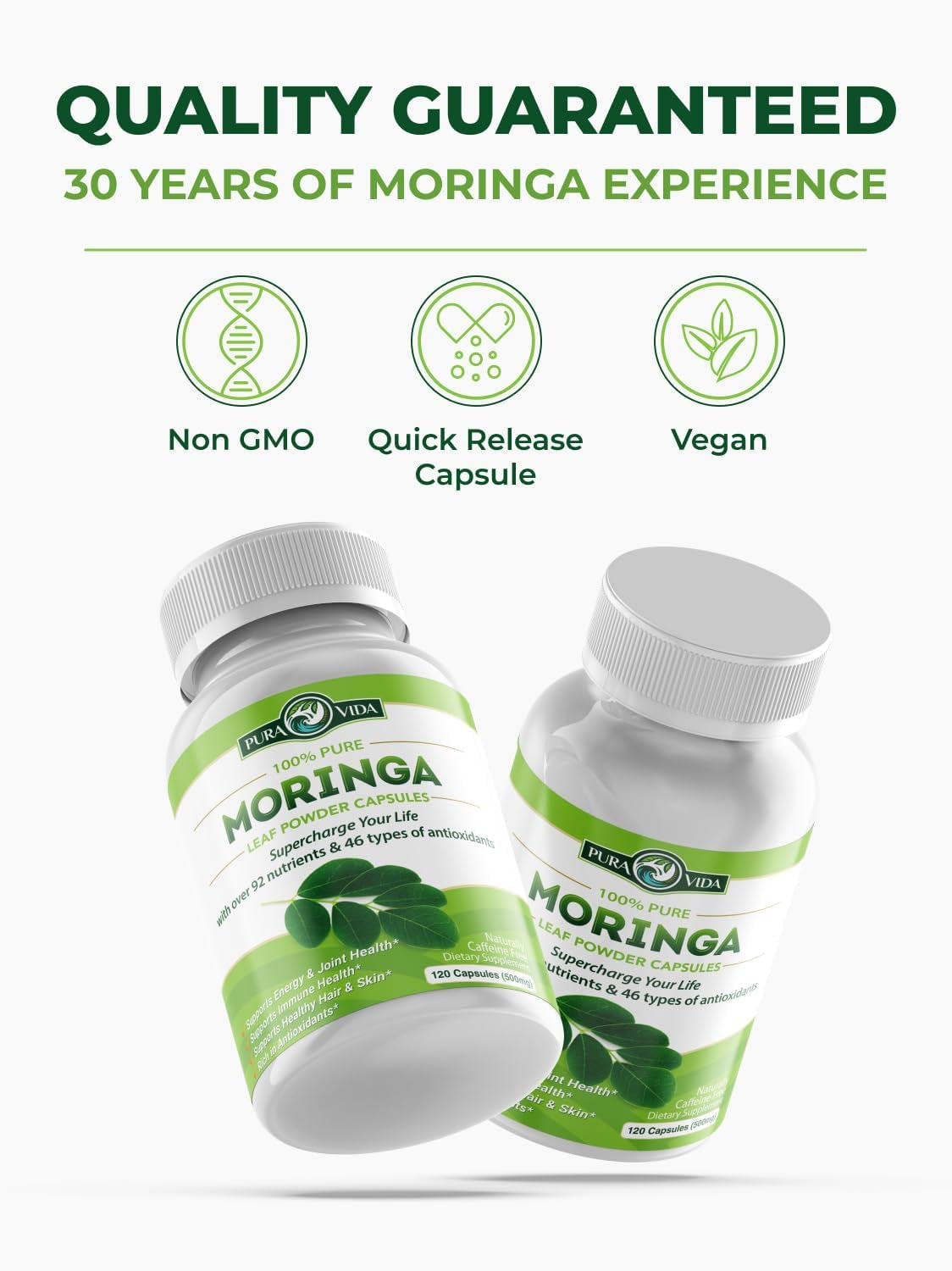 Capsules Single Origin Moringa Powder Organic. Moringa Leaf. Energy, Metabolism, & Immune Support. 120Ct. 500Mg Caps.