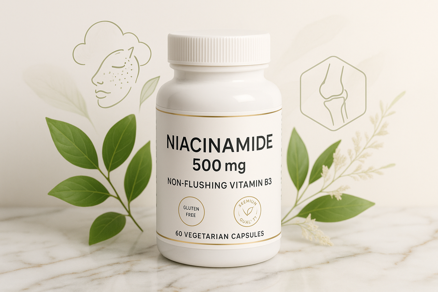 For my herbal shopify store, I really need to boost sales. I need customer trust. I need repeat customers. I need an image for each herb that will draw in customers of all types. The compulsive buyers, the TikTok buyers, the upscale buyers, older generation, younger generation, the cheap buyers, the wealthy buyers, upper class buyers. For the herb, Niacin (Niacinamide), Niacinamide - 500mg Niacin - Non-Flushing Form of Vitamin B3 - Support Joint Health, Skin Health & Restful Sleep* - Gluten-Free