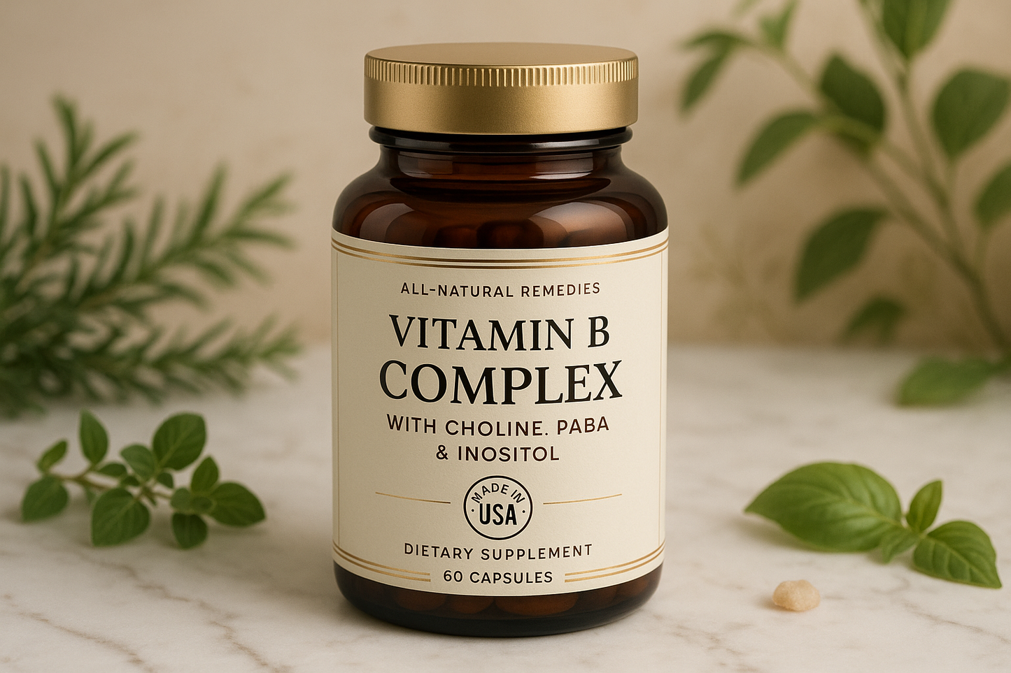 For my herbal shopify store, I really need to boost sales. I need customer trust. I need repeat customers. I need an image for each herb that will draw in customers of all types. The compulsive buyers, the TikTok buyers, the upscale buyers, older generation, younger generation, the cheap buyers, the wealthy buyers, upper class buyers. For the herb, all-natural Remedies Vitamin B Complex with Choline, PABA & Inositol, Made in USA