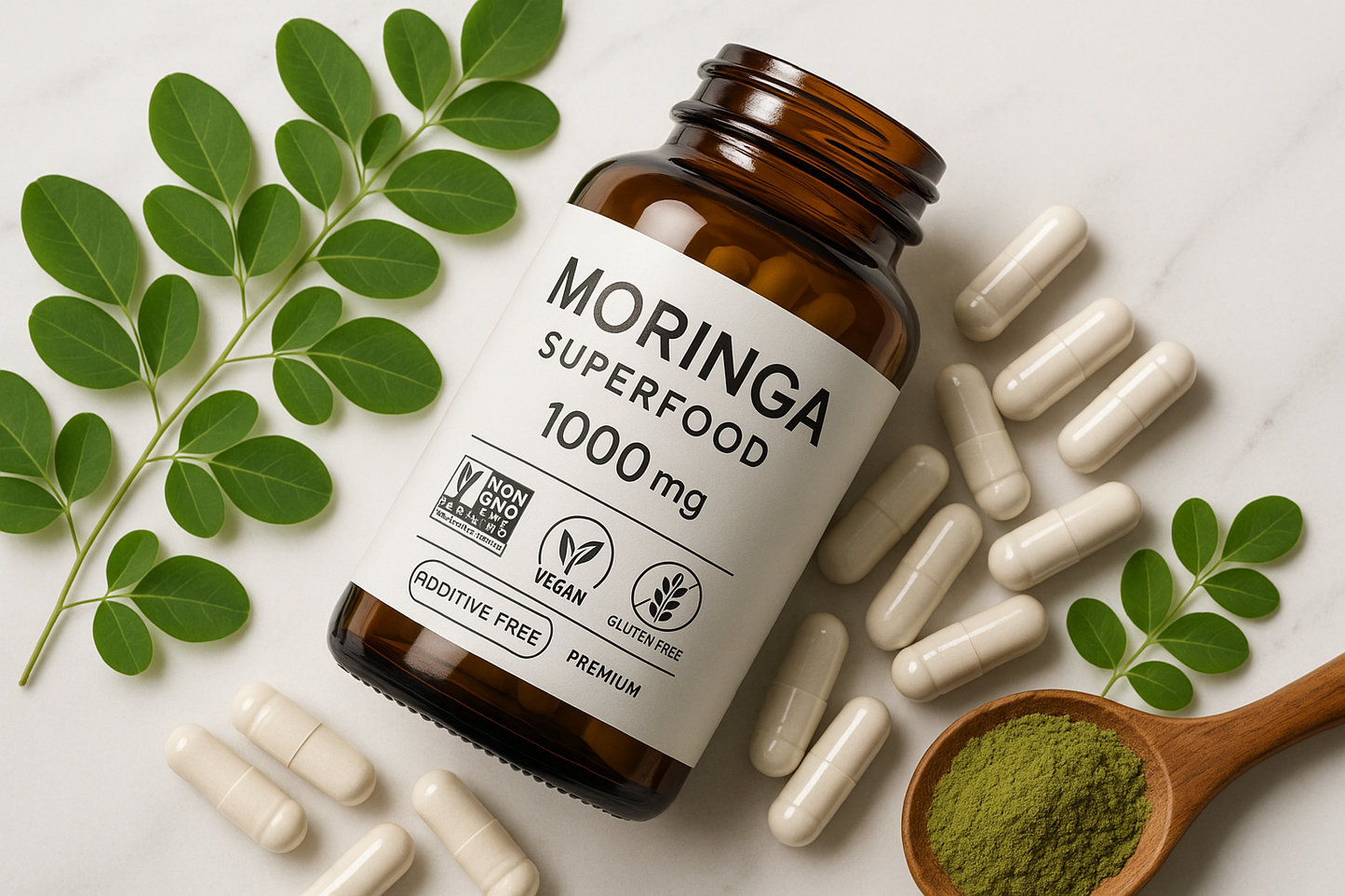 For my herbal shopify store, I really need to boost sales. I need customer trust. I need repeat customers. I need an image for each herb that will draw in customers of all types. The compulsive buyers, the TikTok buyers, the upscale buyers, older generation, younger generation, the cheap buyers, the wealthy buyers, upper class buyers. For the herb, Moringa Superfood 1000mg Non-GMO Project Verified, Vegan, Gluten Free Supplement, Additive Free in capsule form