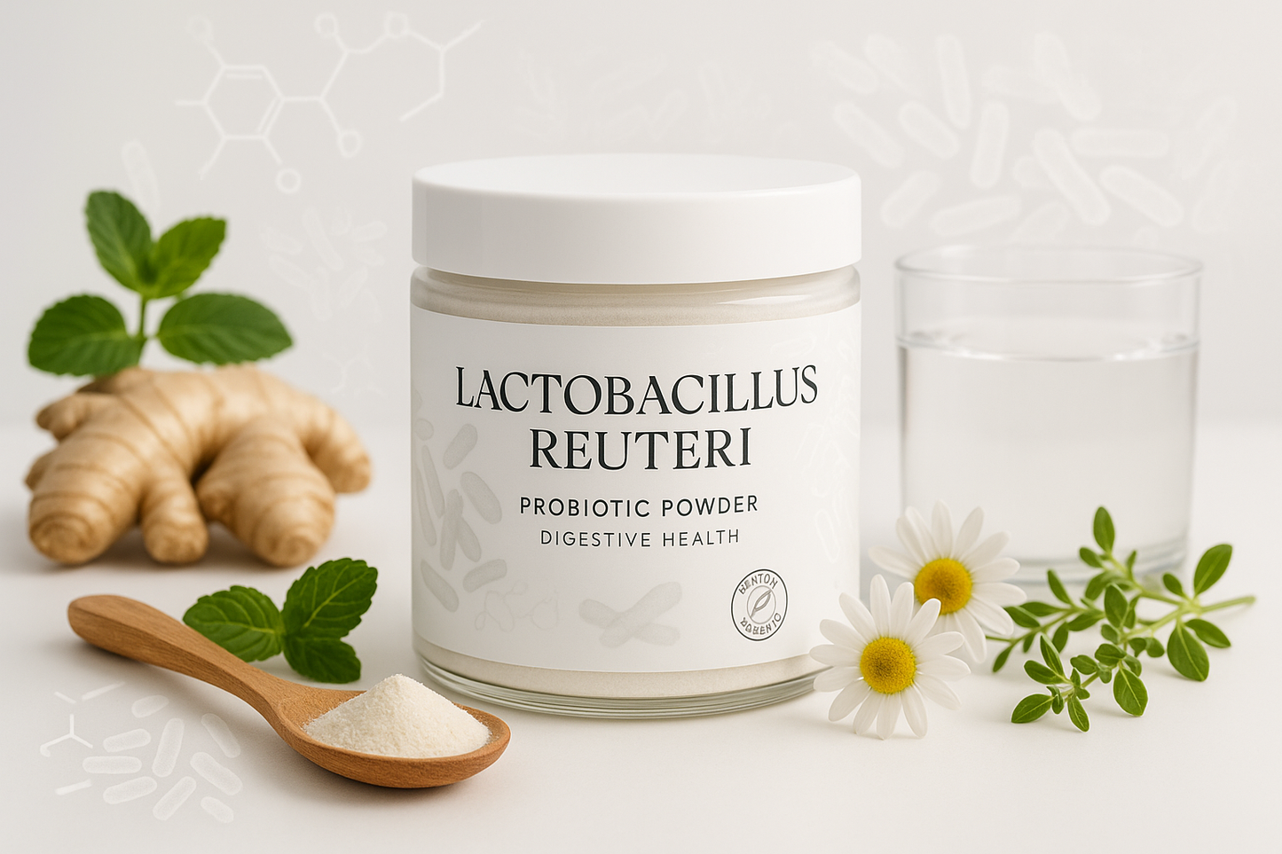 For my herbal shopify store, I really need to boost sales. I need customer trust. I need repeat customers. I need an image for each herb that will draw in customers of all types. The compulsive buyers, the TikTok buyers, the upscale buyers, older generation, younger generation, the cheap buyers, the wealthy buyers, upper class buyers. For the herb, Lactobacillus Reuteri Probiotic Powder - Digestive Health Support.