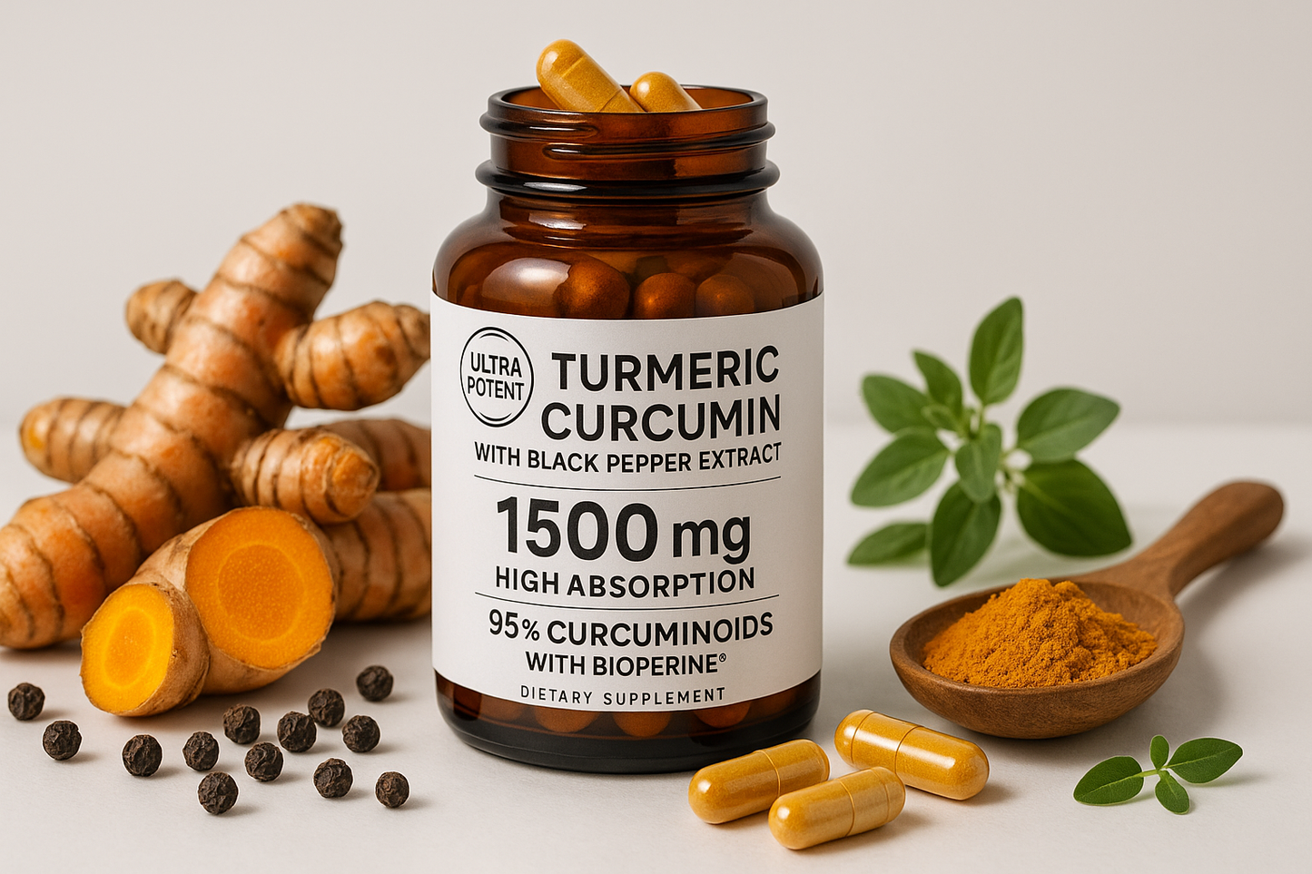 For my herbal shopify store, I really need to boost sales. I need customer trust. I need repeat customers. I need an image for each herb that will draw in customers of all types. The compulsive buyers, the TikTok buyers, the upscale buyers, older generation, younger generation, the cheap buyers, the wealthy buyers, upper class buyers. For the herb, Turmeric Curcumin with Black Pepper Extract 1500mg - High Absorption Ultra Potent Turmeric Supplement with 95% Curcuminoids and BioPerine in capsule form