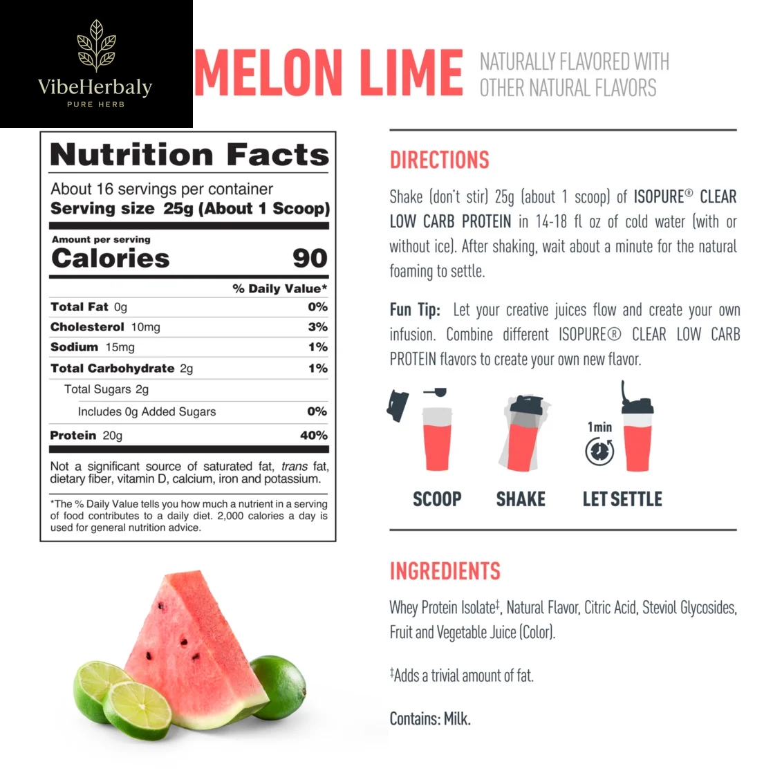 Clear Low Carb 100% Whey Protein Isolate Powder, Watermelon Lime, 20G Protein, about 16 Servings